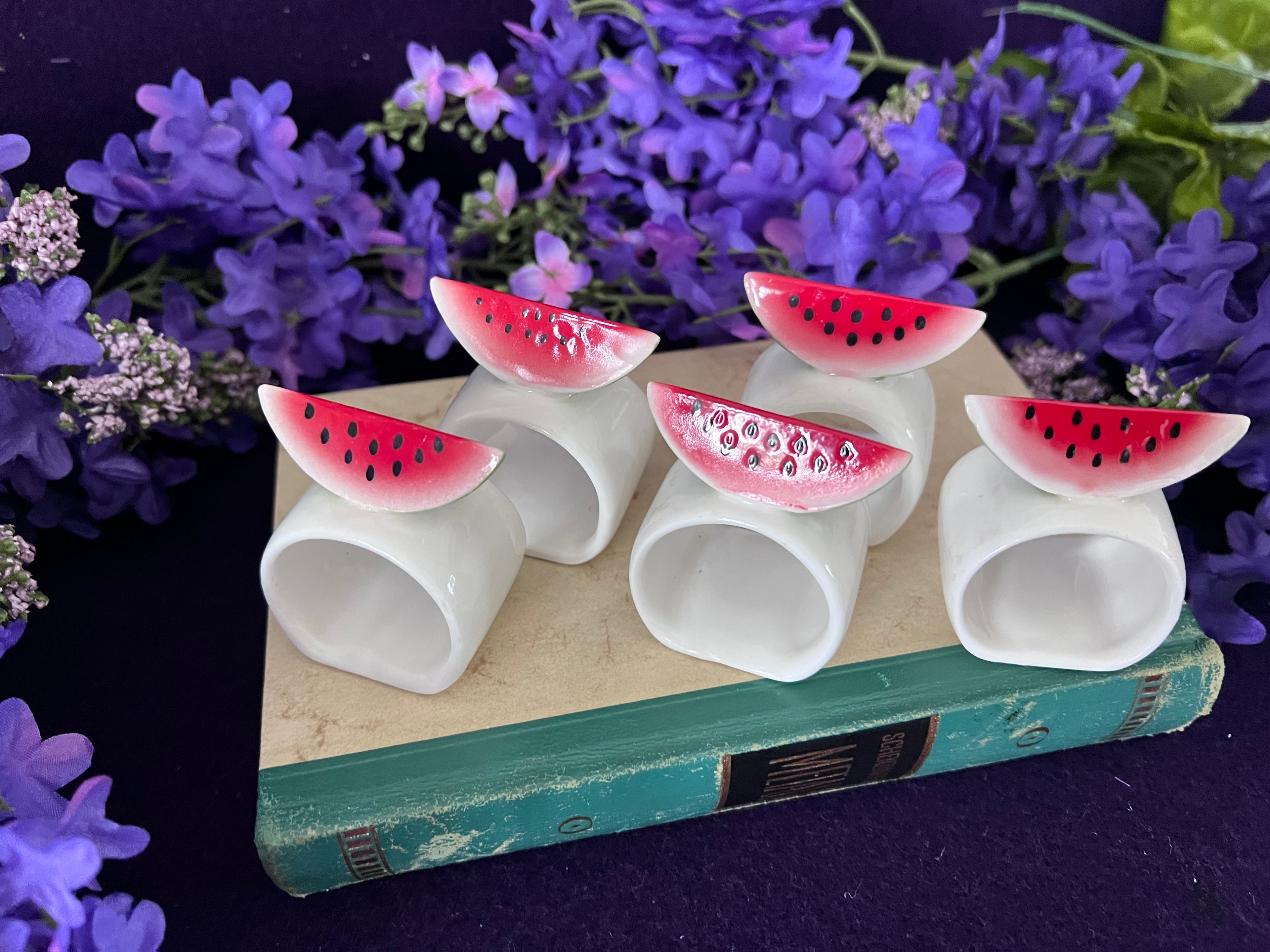 Vintage Ceramic Watermelon Napkin Rings — Set of 5, 1980s Retro Summer Table Decor