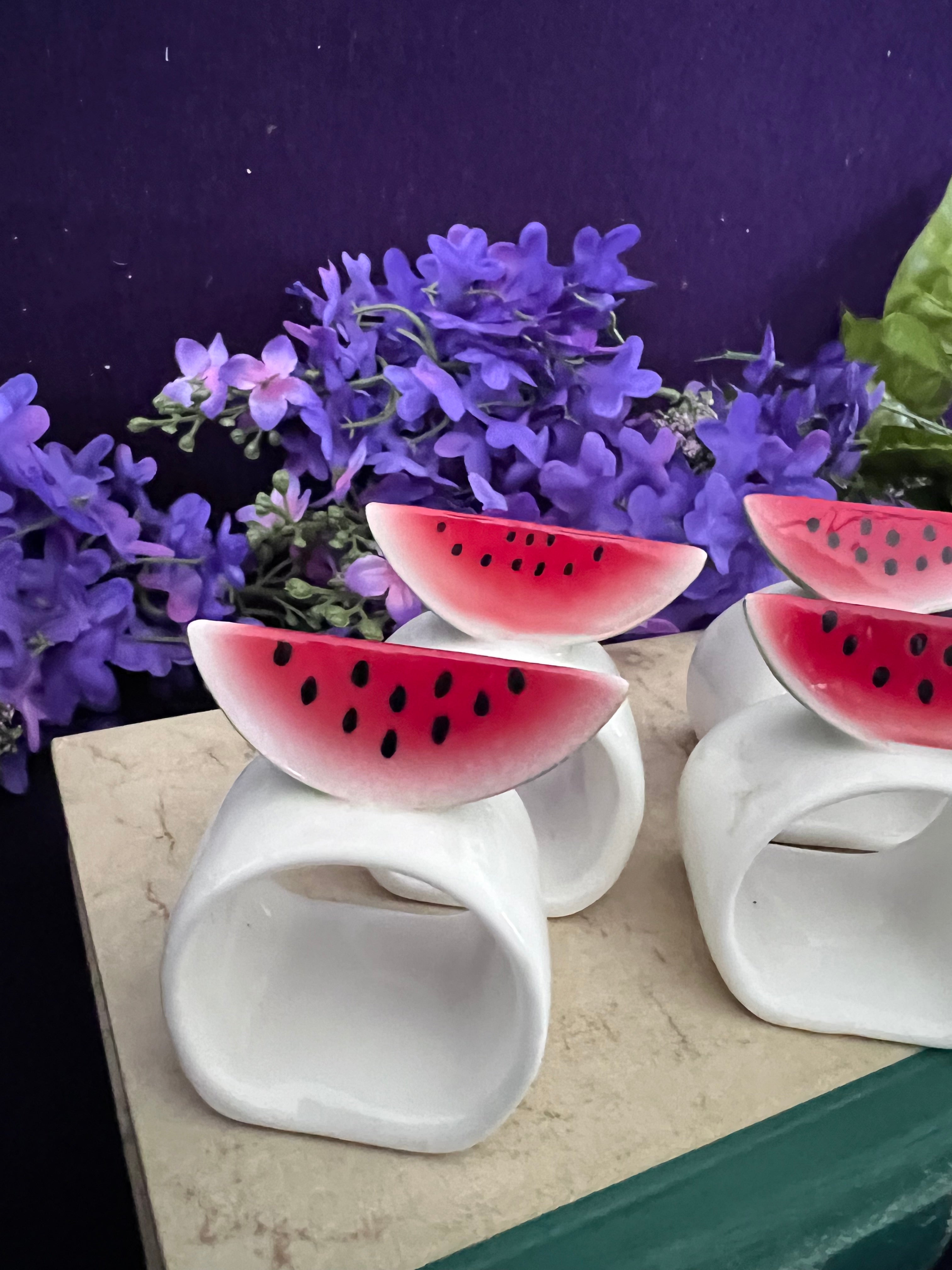 Vintage Ceramic Watermelon Napkin Rings — Set of 5, 1980s Retro Summer Table Decor