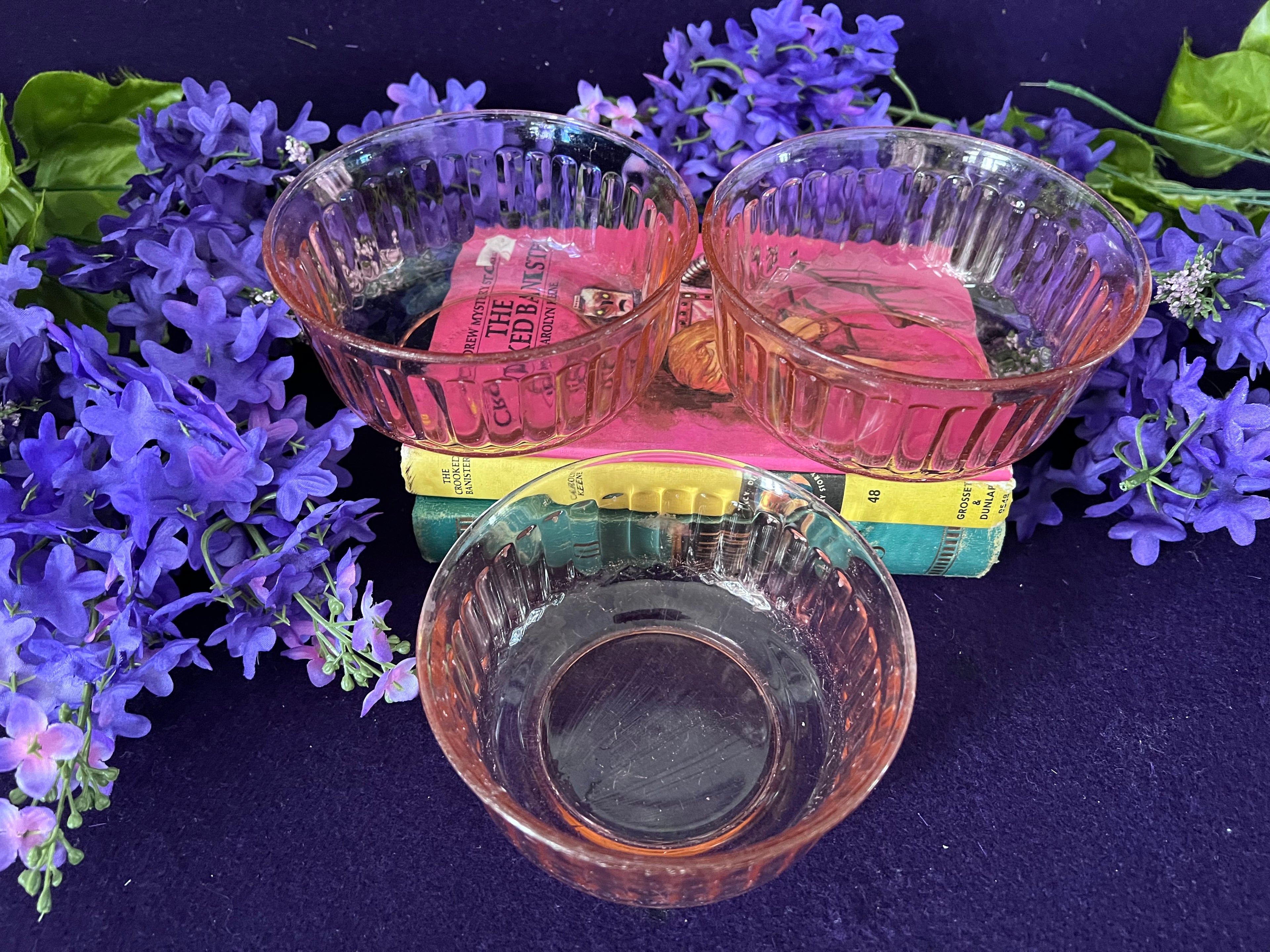 Vintage Pink Depression Glass Ribbed Bowls — Set of 3, 1930s–1940s Grandmillennial Kitchen