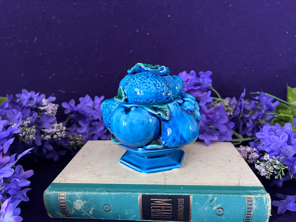 Vintage Inarco Mood Indigo Lidded Fruit Jar — 1968 Blue Majolica Ceramic, Giftcraft Canada