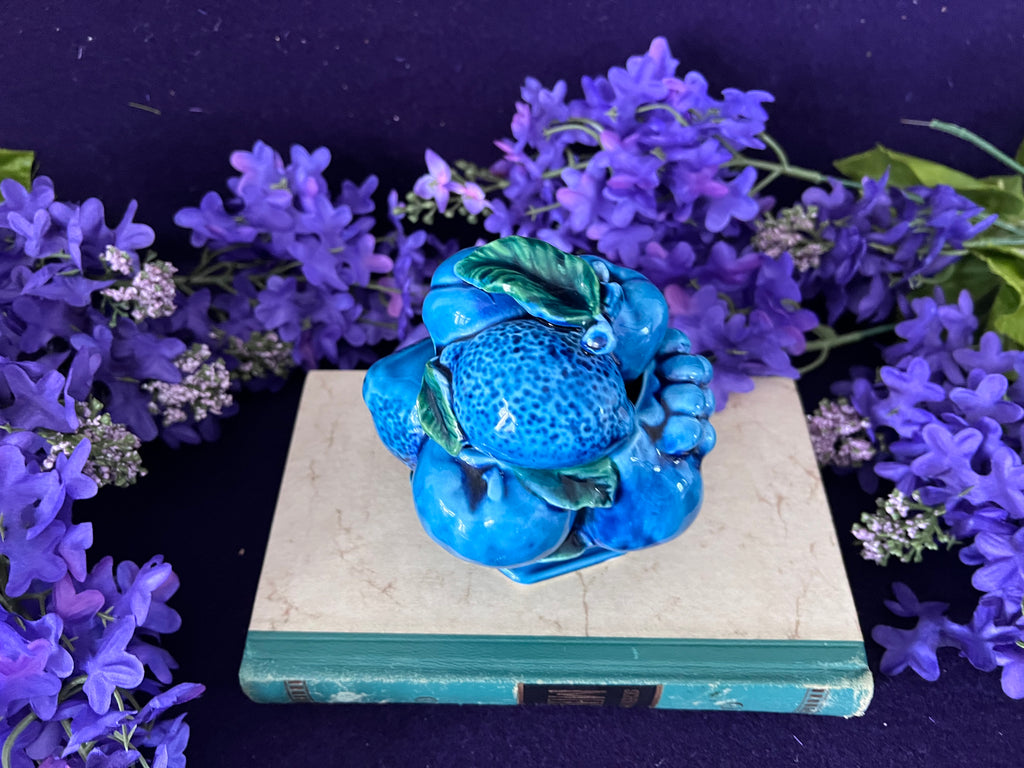 Vintage Inarco Mood Indigo Lidded Fruit Jar — 1968 Blue Majolica Ceramic, Giftcraft Canada