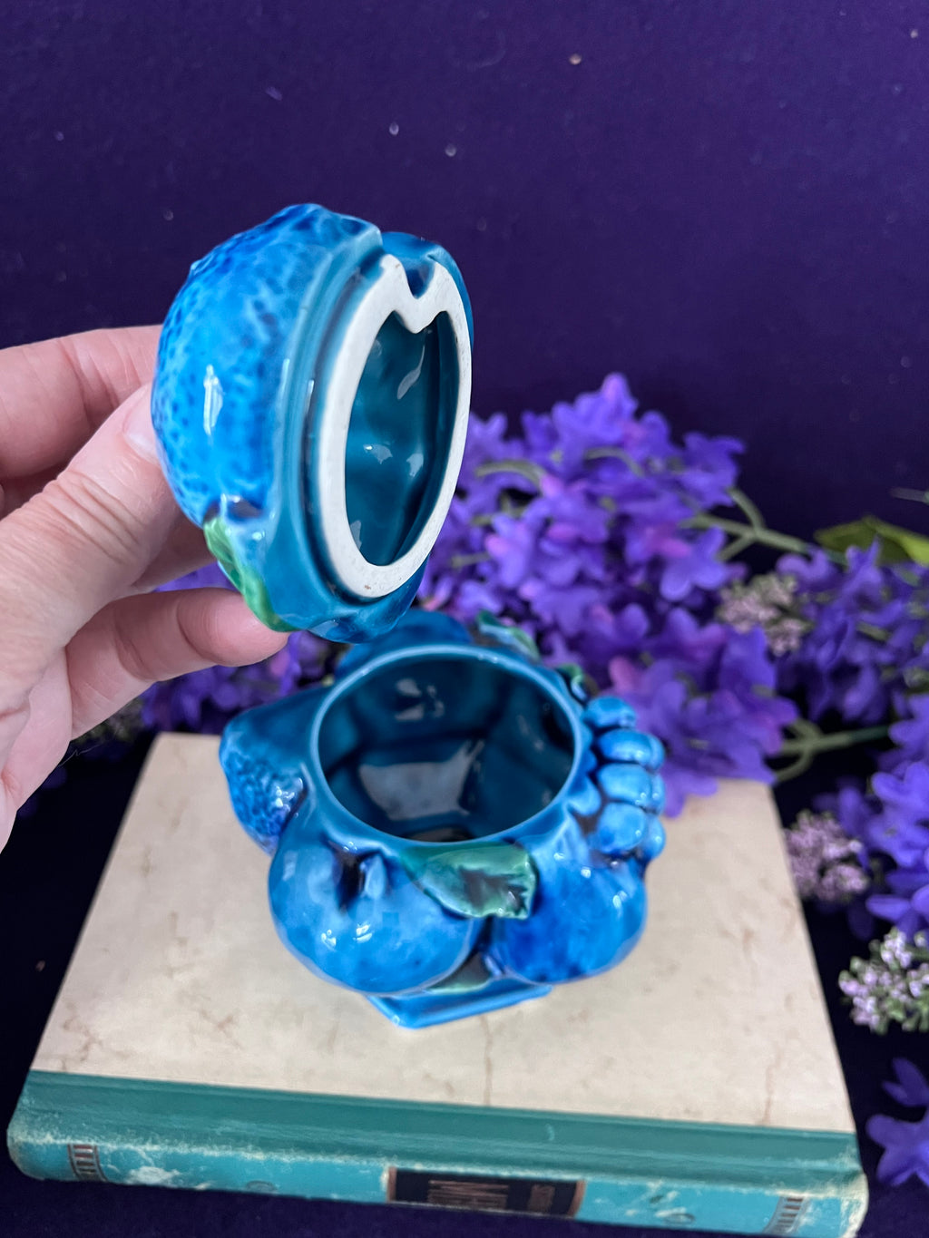 Vintage Inarco Mood Indigo Lidded Fruit Jar — 1968 Blue Majolica Ceramic, Giftcraft Canada