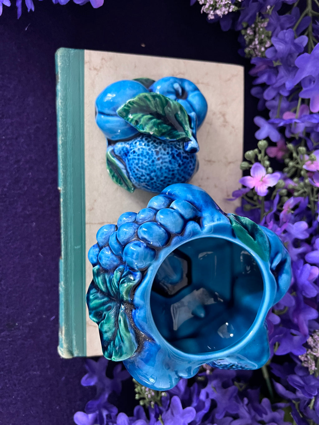 Vintage Inarco Mood Indigo Lidded Fruit Jar — 1968 Blue Majolica Ceramic, Giftcraft Canada