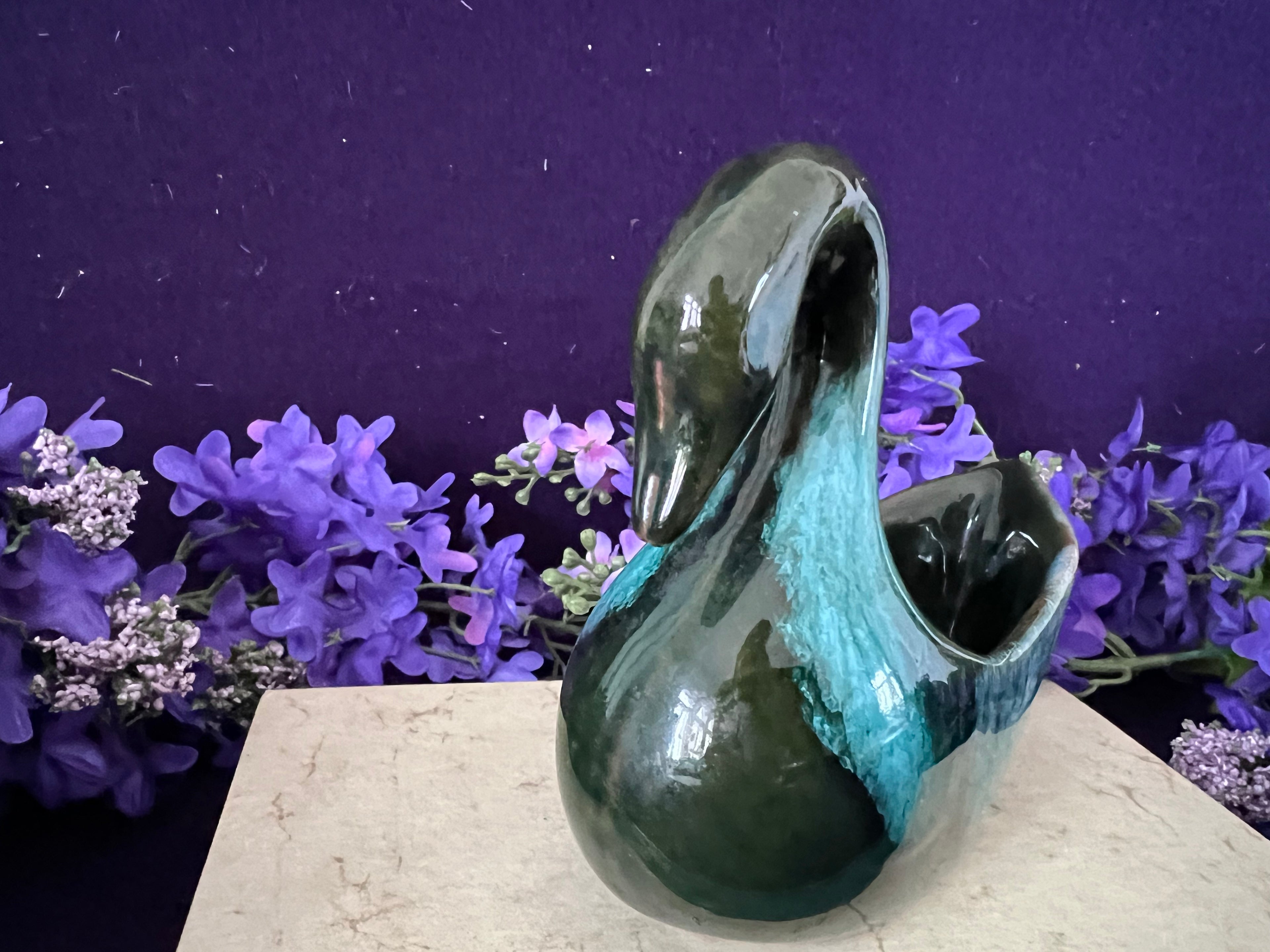 Vintage Blue Mountain Pottery Swan Planter — Green Drip Glaze, Collingwood Ontario c.1970s