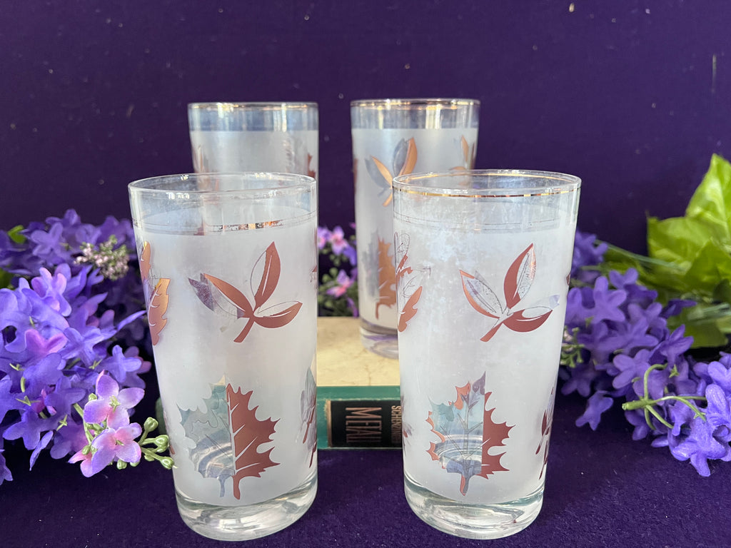 Vintage Mid-Century Frosted Autumn Leaves Highball Glasses — Set of 4, Gold Rim MCM Barware
