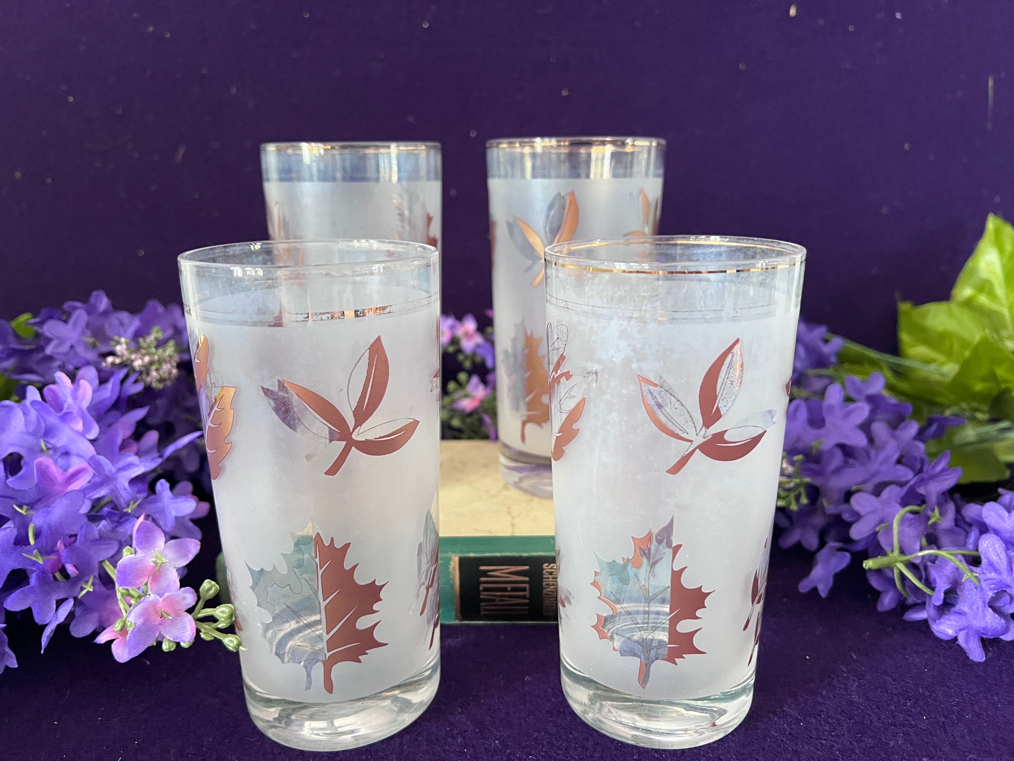 Vintage Mid-Century Frosted Autumn Leaves Highball Glasses — Set of 4, Gold Rim MCM Barware