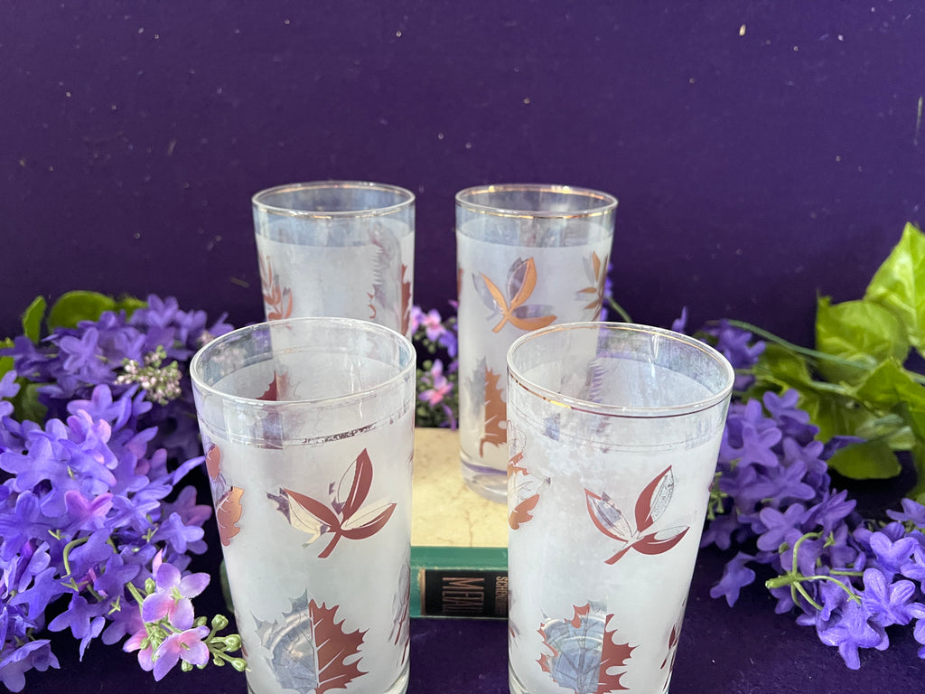 Vintage Mid-Century Frosted Autumn Leaves Highball Glasses — Set of 4, Gold Rim MCM Barware