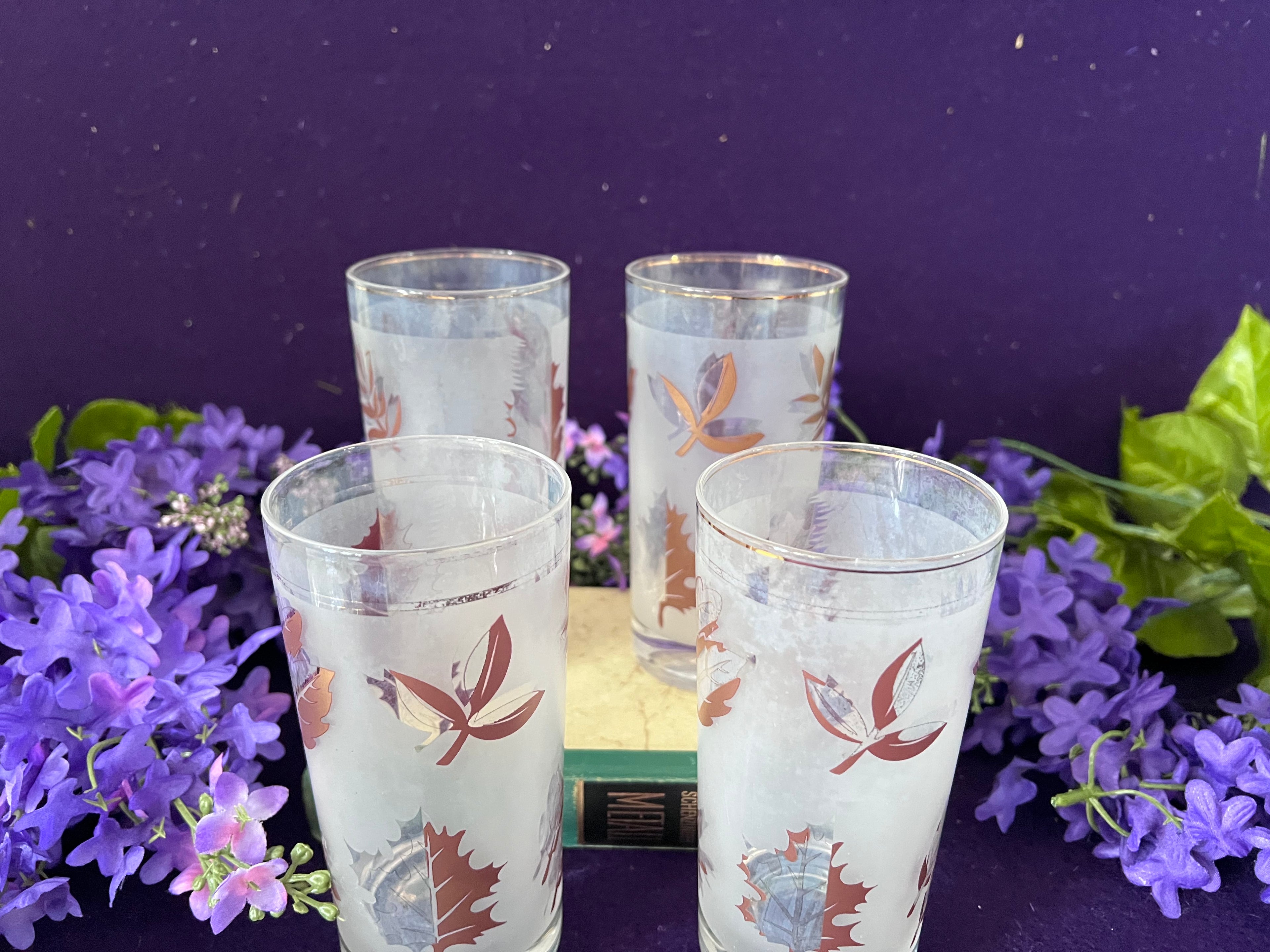 Vintage Mid-Century Frosted Autumn Leaves Highball Glasses — Set of 4, Gold Rim MCM Barware