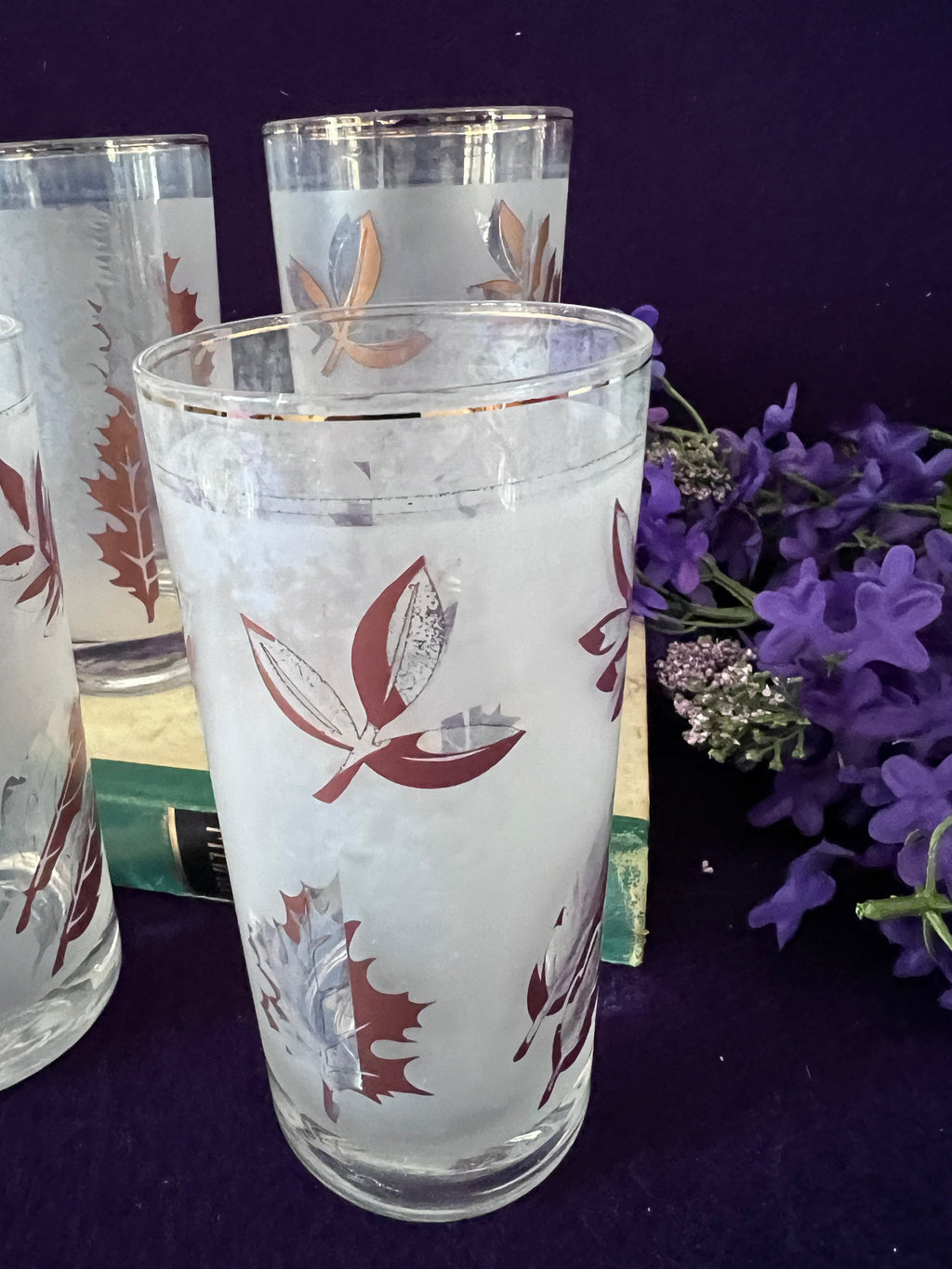 Vintage Mid-Century Frosted Autumn Leaves Highball Glasses — Set of 4, Gold Rim MCM Barware