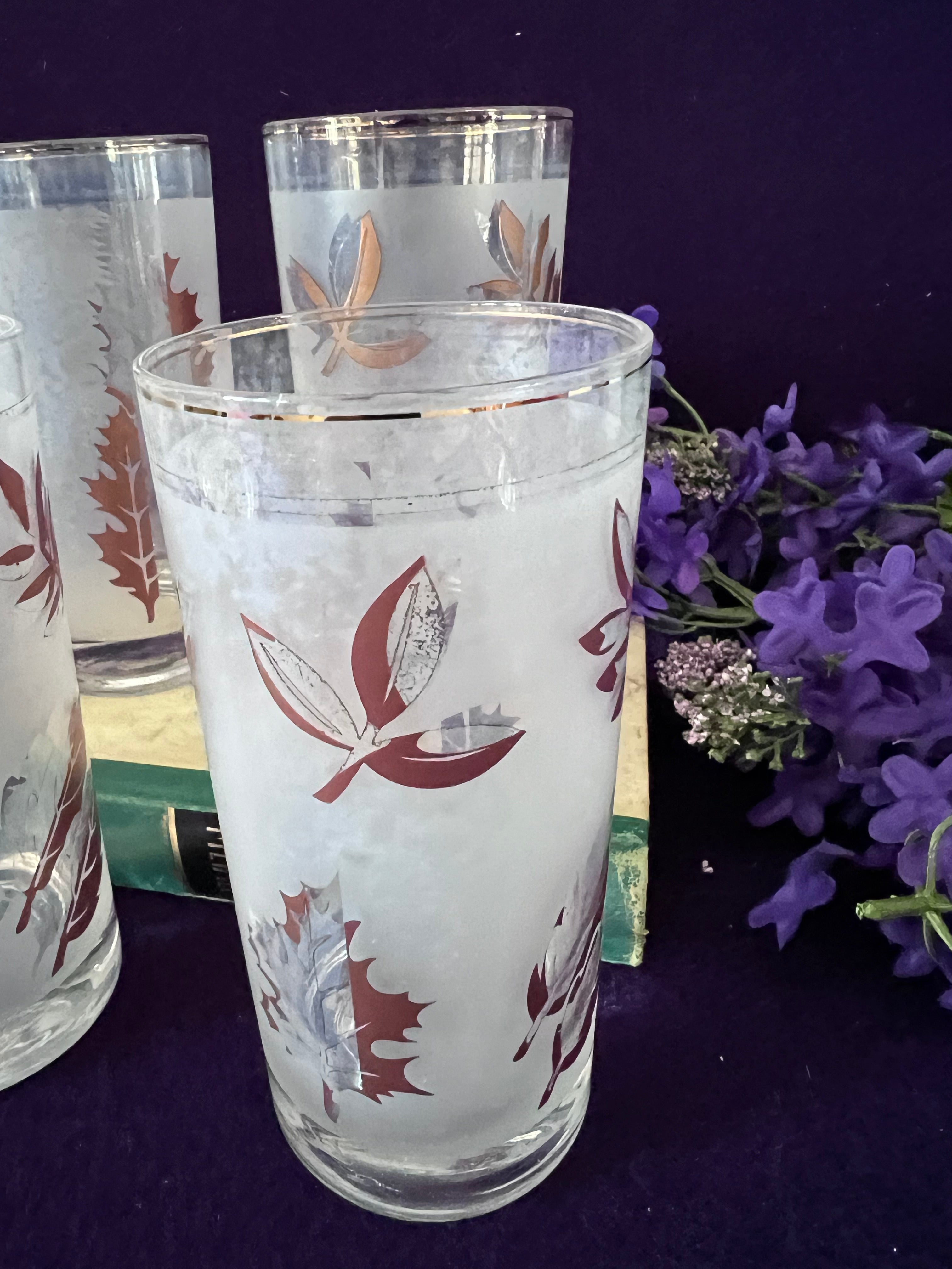 Vintage Mid-Century Frosted Autumn Leaves Highball Glasses — Set of 4, Gold Rim MCM Barware