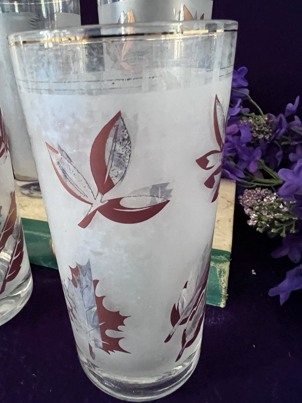 Vintage Mid-Century Frosted Autumn Leaves Highball Glasses — Set of 4, Gold Rim MCM Barware
