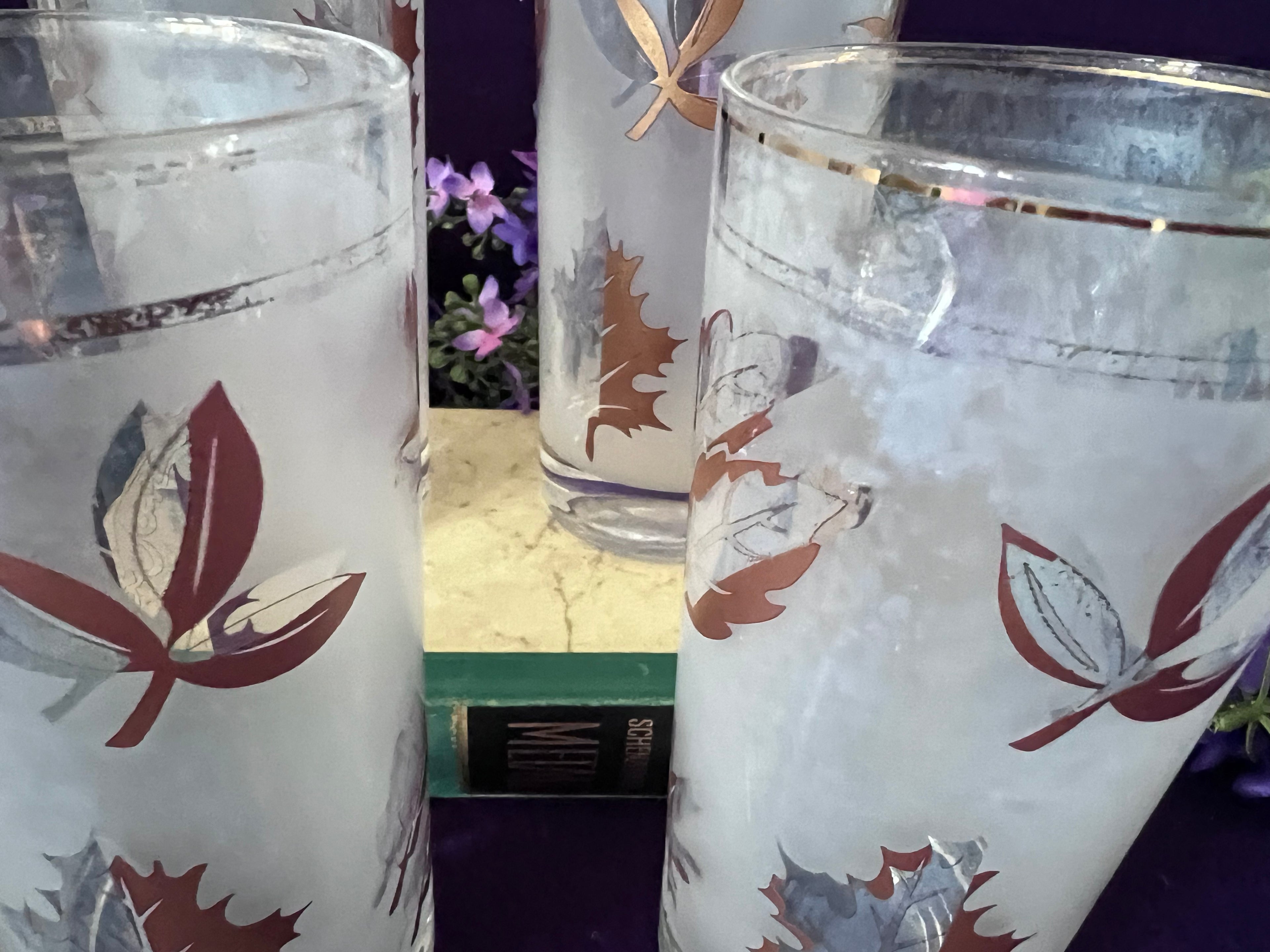 Vintage Mid-Century Frosted Autumn Leaves Highball Glasses — Set of 4, Gold Rim MCM Barware