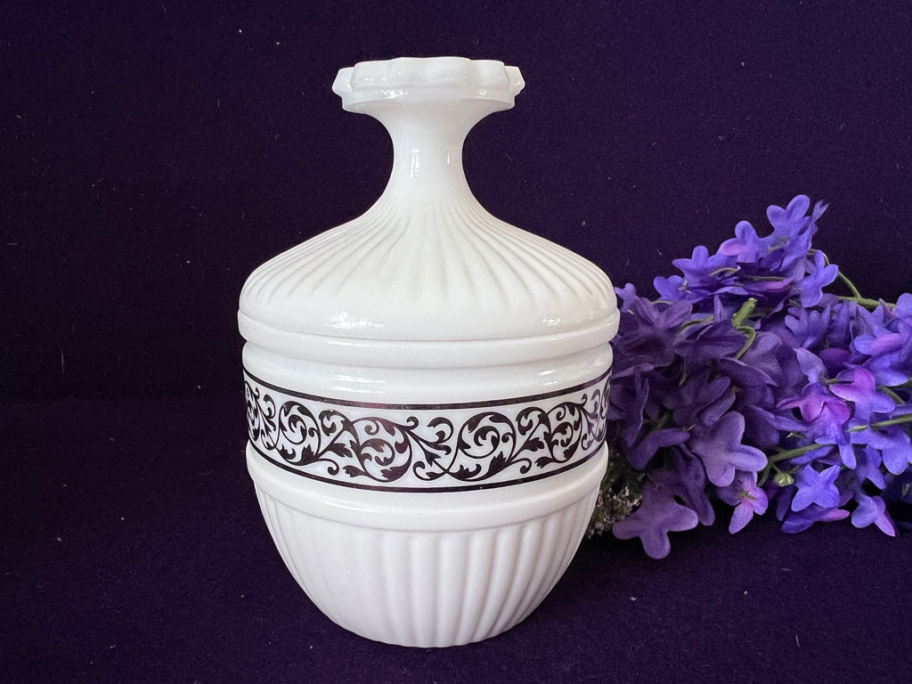 Vintage Milk Glass Vanity Powder Jar with Ornate Silver-Tone Floral Band