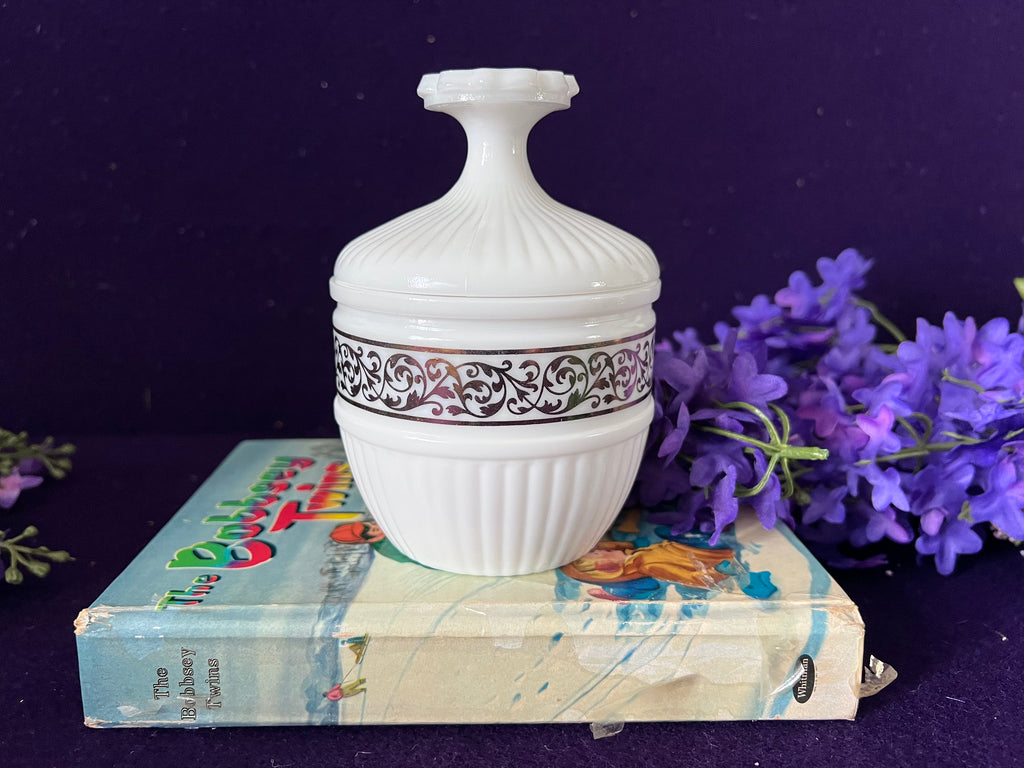 Vintage Milk Glass Vanity Powder Jar with Ornate Silver-Tone Floral Band