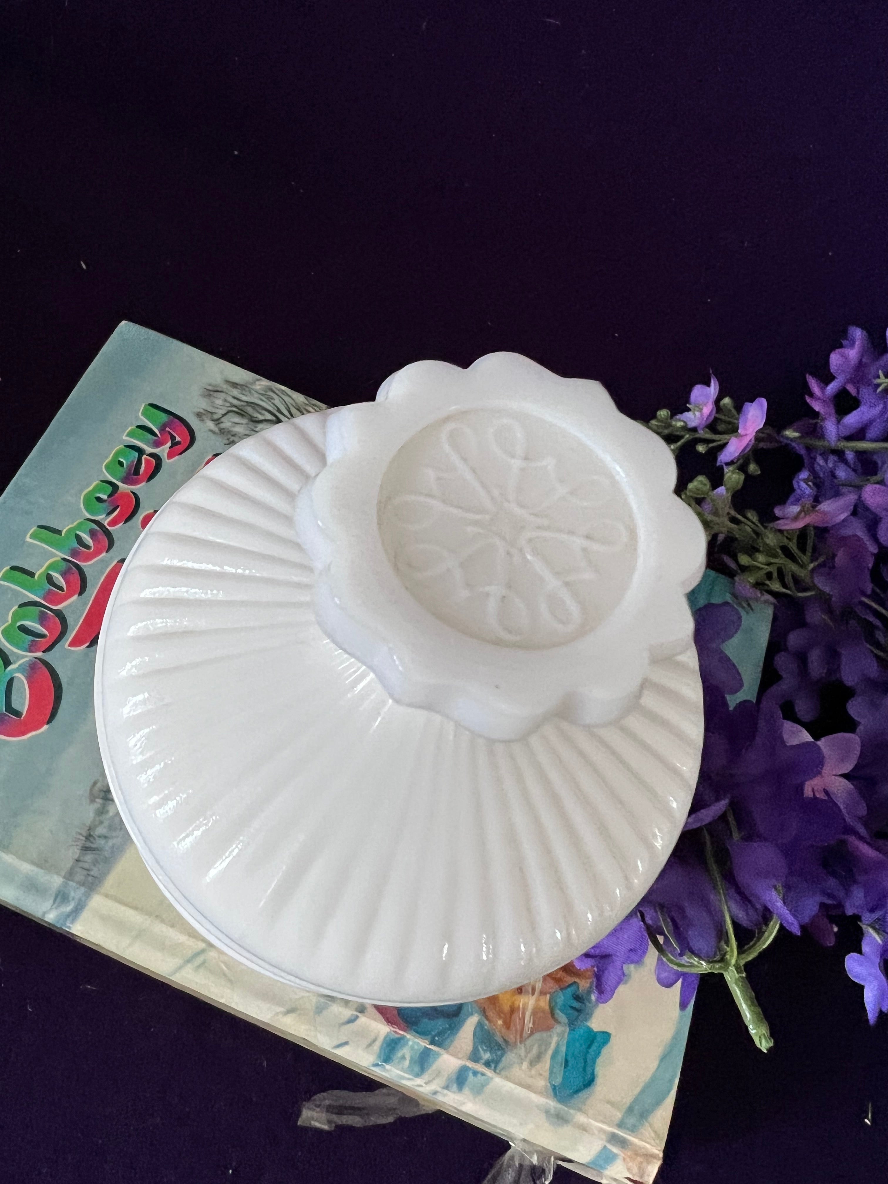 Vintage Milk Glass Vanity Powder Jar with Ornate Silver-Tone Floral Band