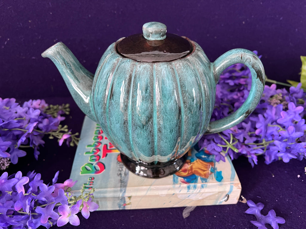 Vintage Canadian Studio Pottery Teapot – Teal & Brown Drip Glaze, Ribbed Pumpkin Design