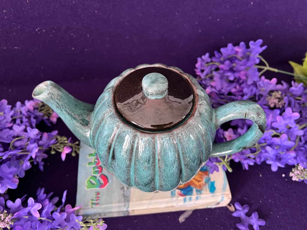 Vintage Canadian Studio Pottery Teapot – Teal & Brown Drip Glaze, Ribbed Pumpkin Design