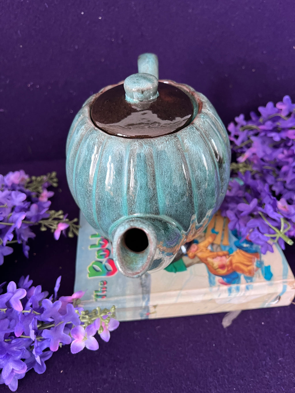 Vintage Canadian Studio Pottery Teapot – Teal & Brown Drip Glaze, Ribbed Pumpkin Design