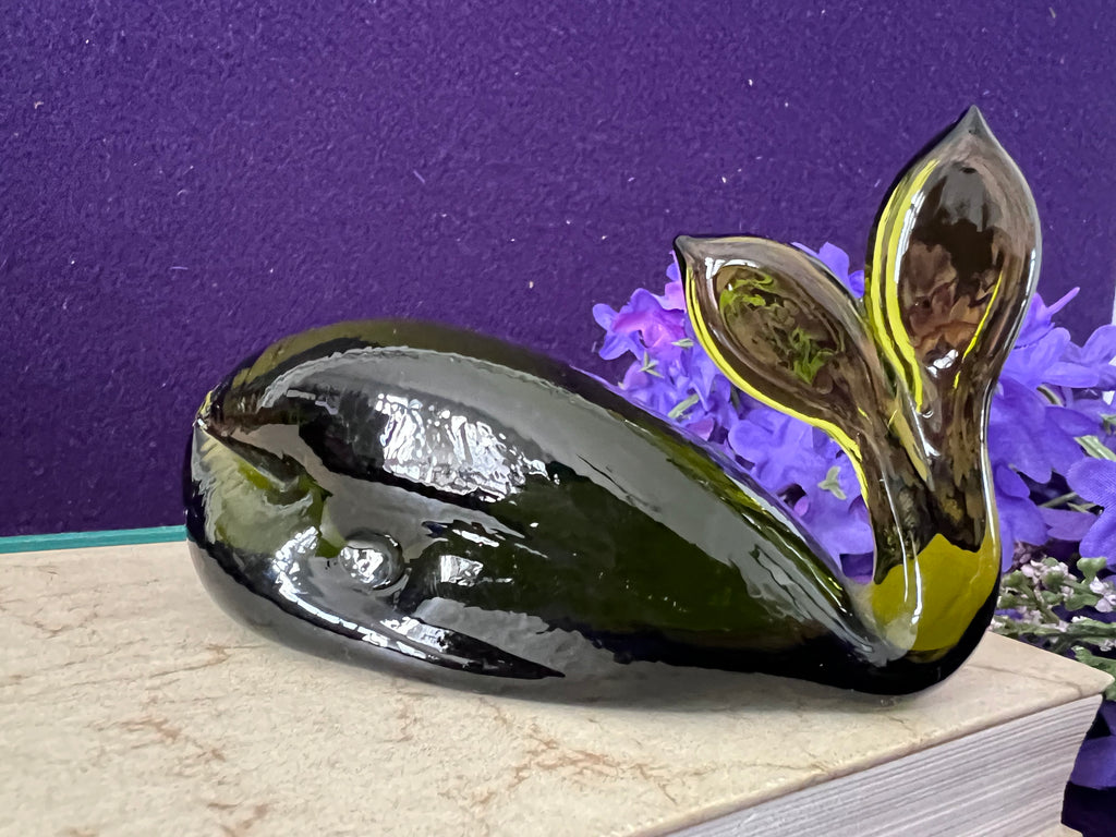 Vintage Mid-Century Modern Green Glass Whale Figurine – MCM Art Glass Sculpture