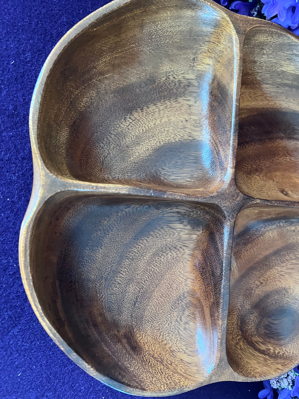 Vintage MCM Monkey Pod Wood Apple Divided Serving Dish – Hand-Carved Retro Snack Tray