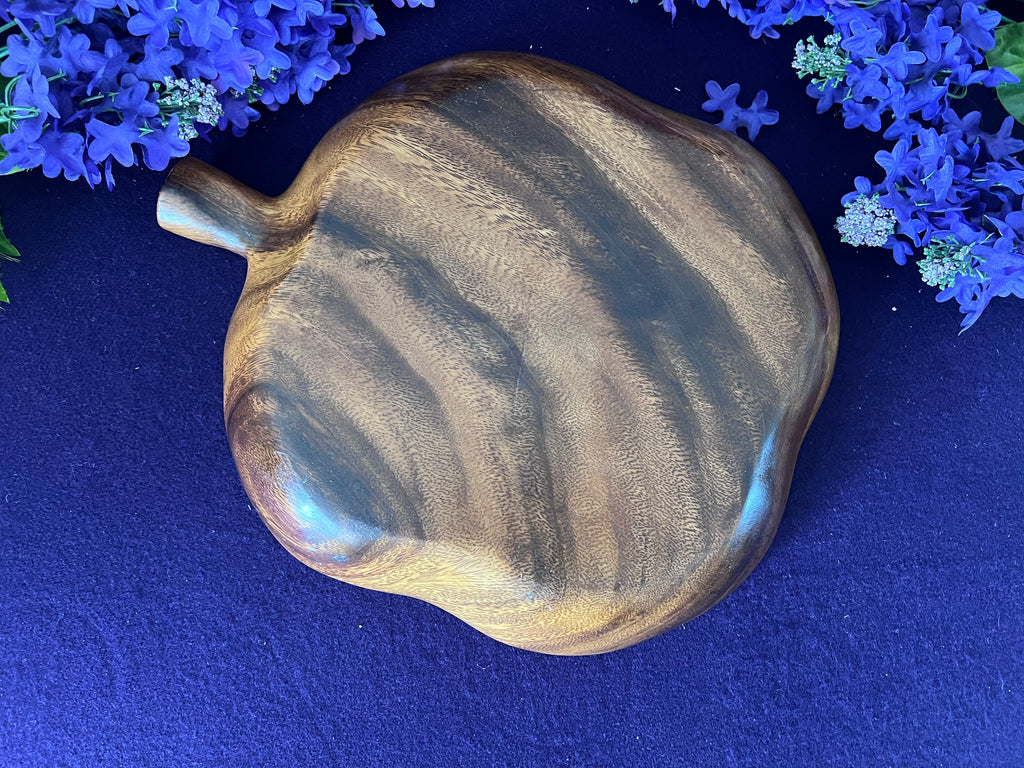 Vintage MCM Monkey Pod Wood Apple Divided Serving Dish – Hand-Carved Retro Snack Tray