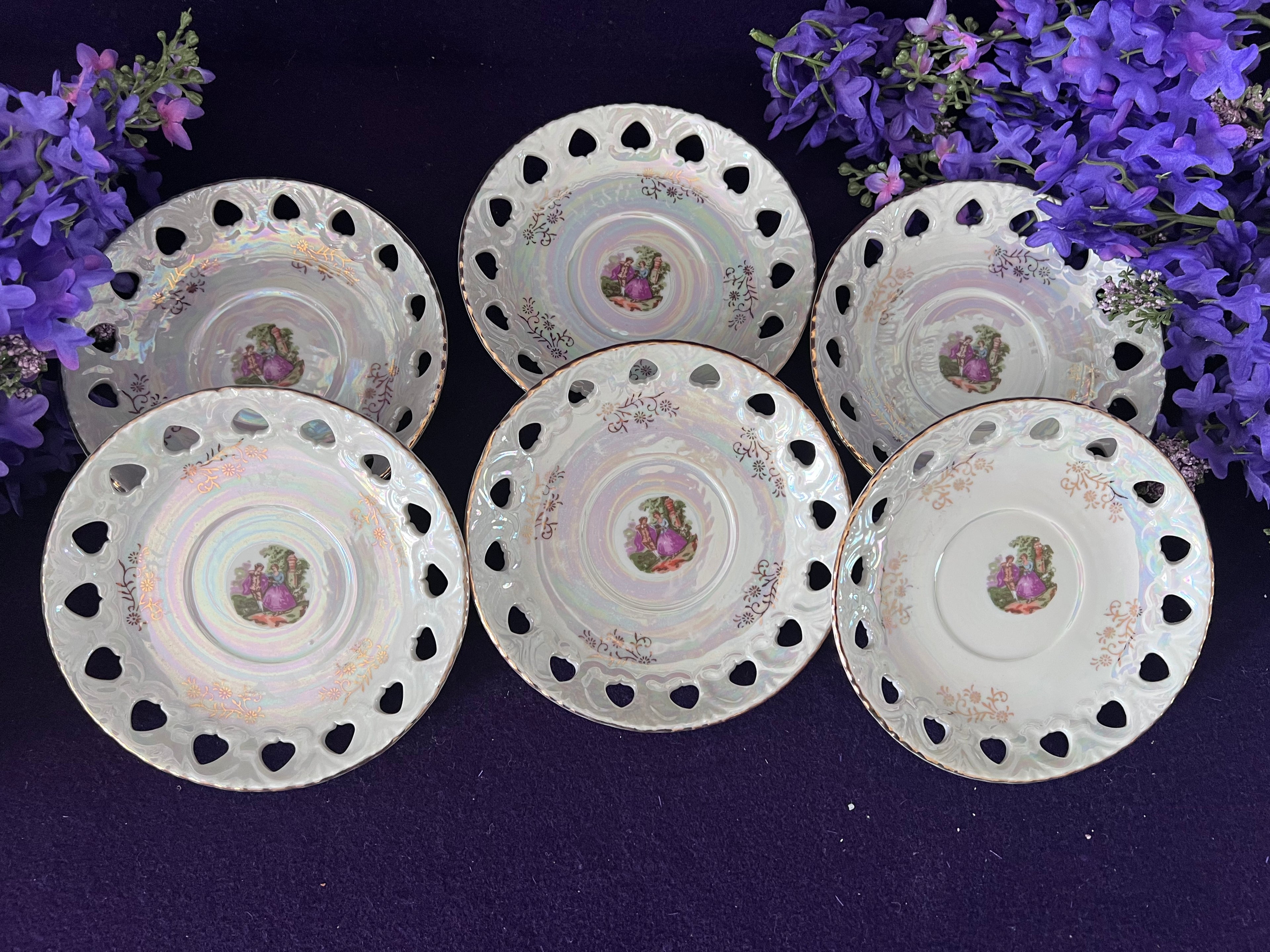 Vintage Set of 6 Yamasen Fine China Pierced-Rim Plates – Iridescent Fragonard-Style Scene
