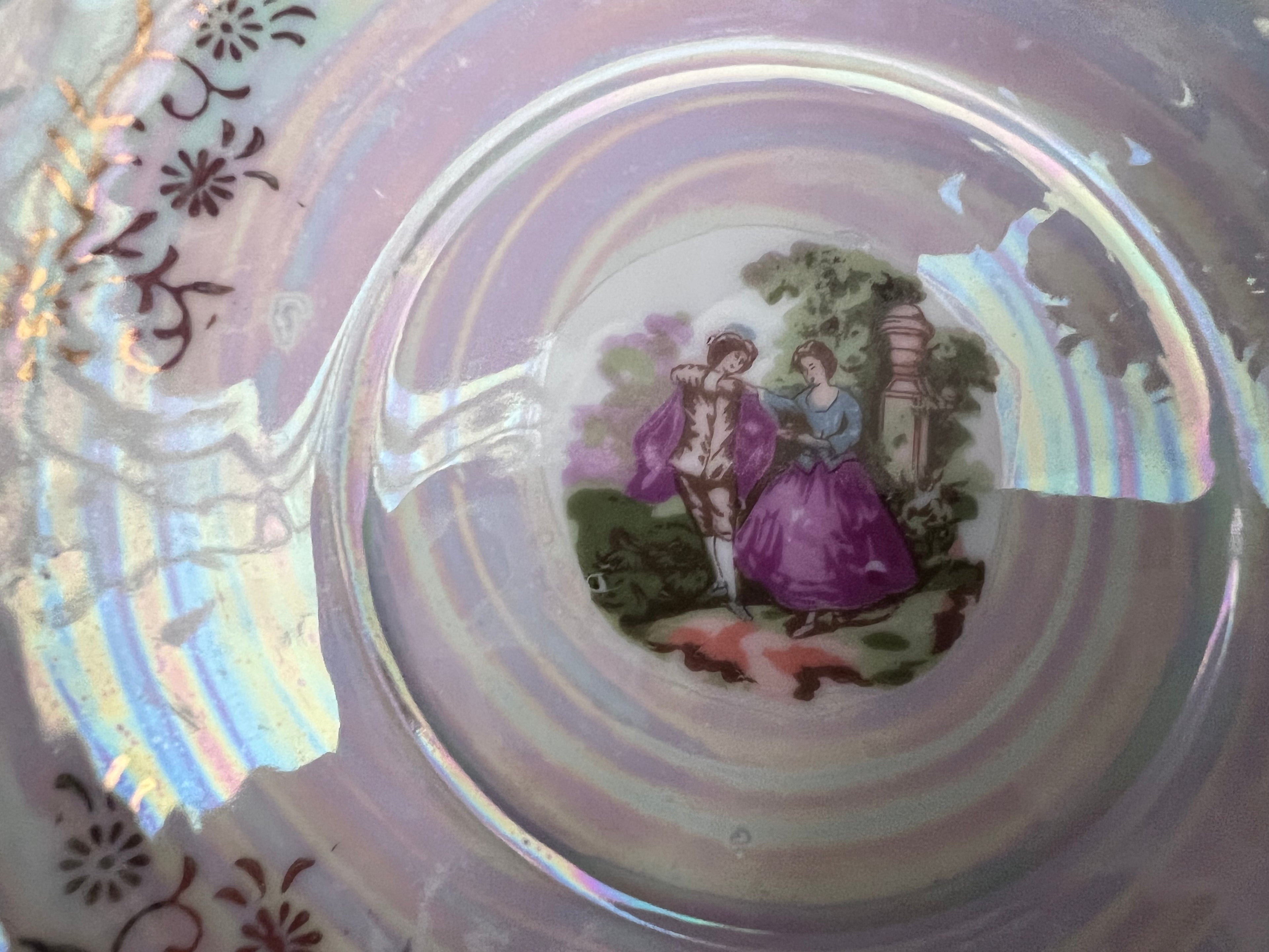 Vintage Set of 6 Yamasen Fine China Pierced-Rim Plates – Iridescent Fragonard-Style Scene
