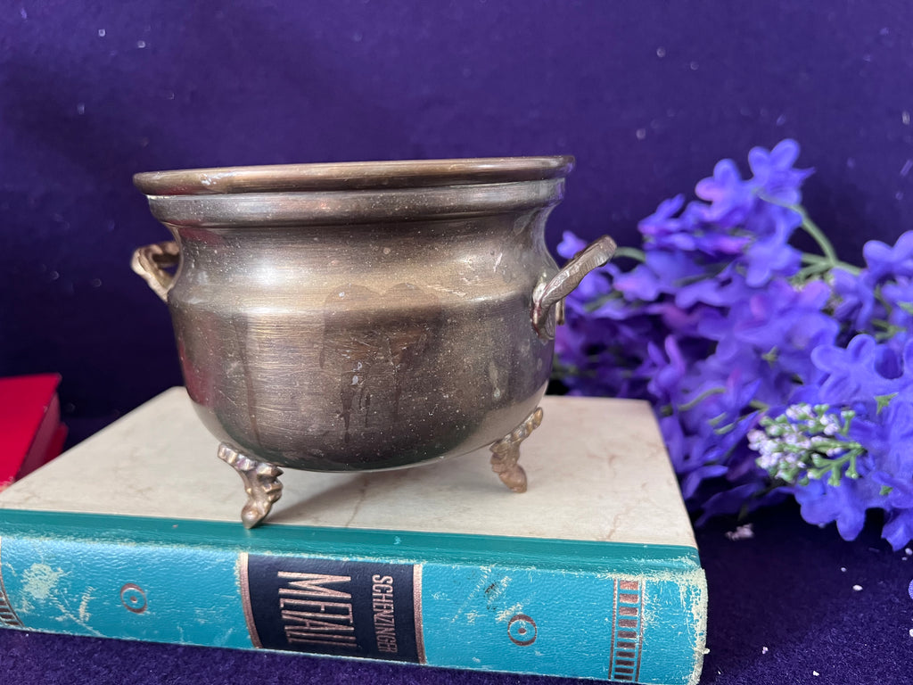 Vintage Footed Brass Cauldron Pot / Small Jardiniere with Ornate Handles