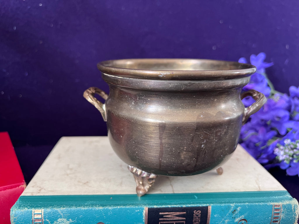 Vintage Footed Brass Cauldron Pot / Small Jardiniere with Ornate Handles