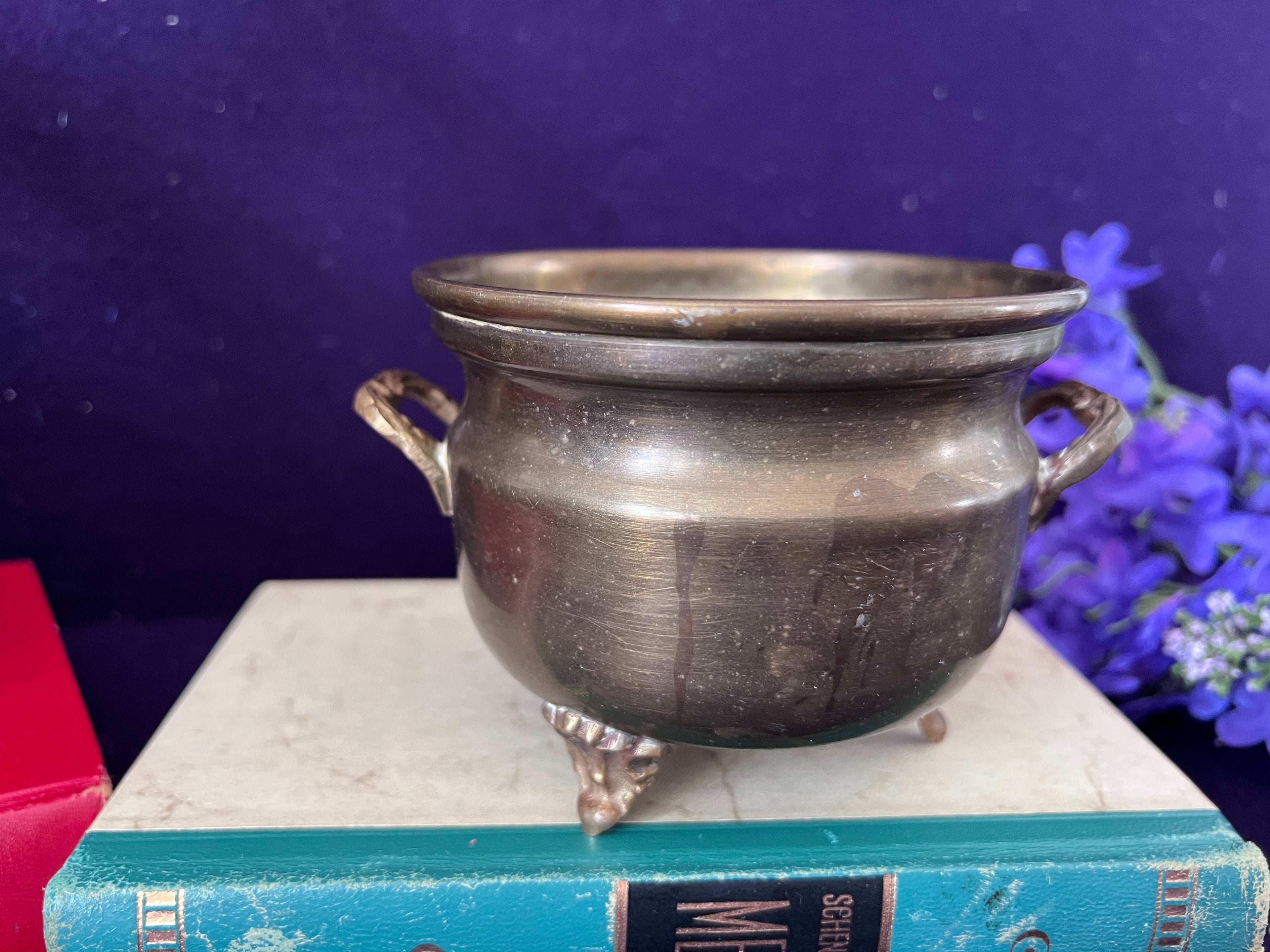 Vintage Footed Brass Cauldron Pot / Small Jardiniere with Ornate Handles