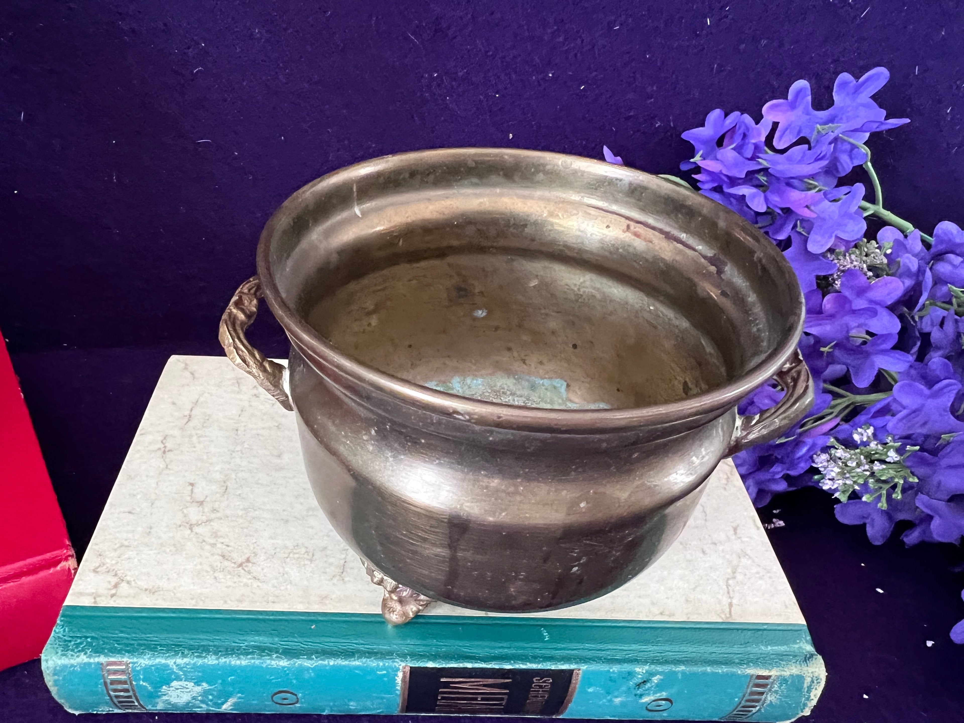 Vintage Footed Brass Cauldron Pot / Small Jardiniere with Ornate Handles