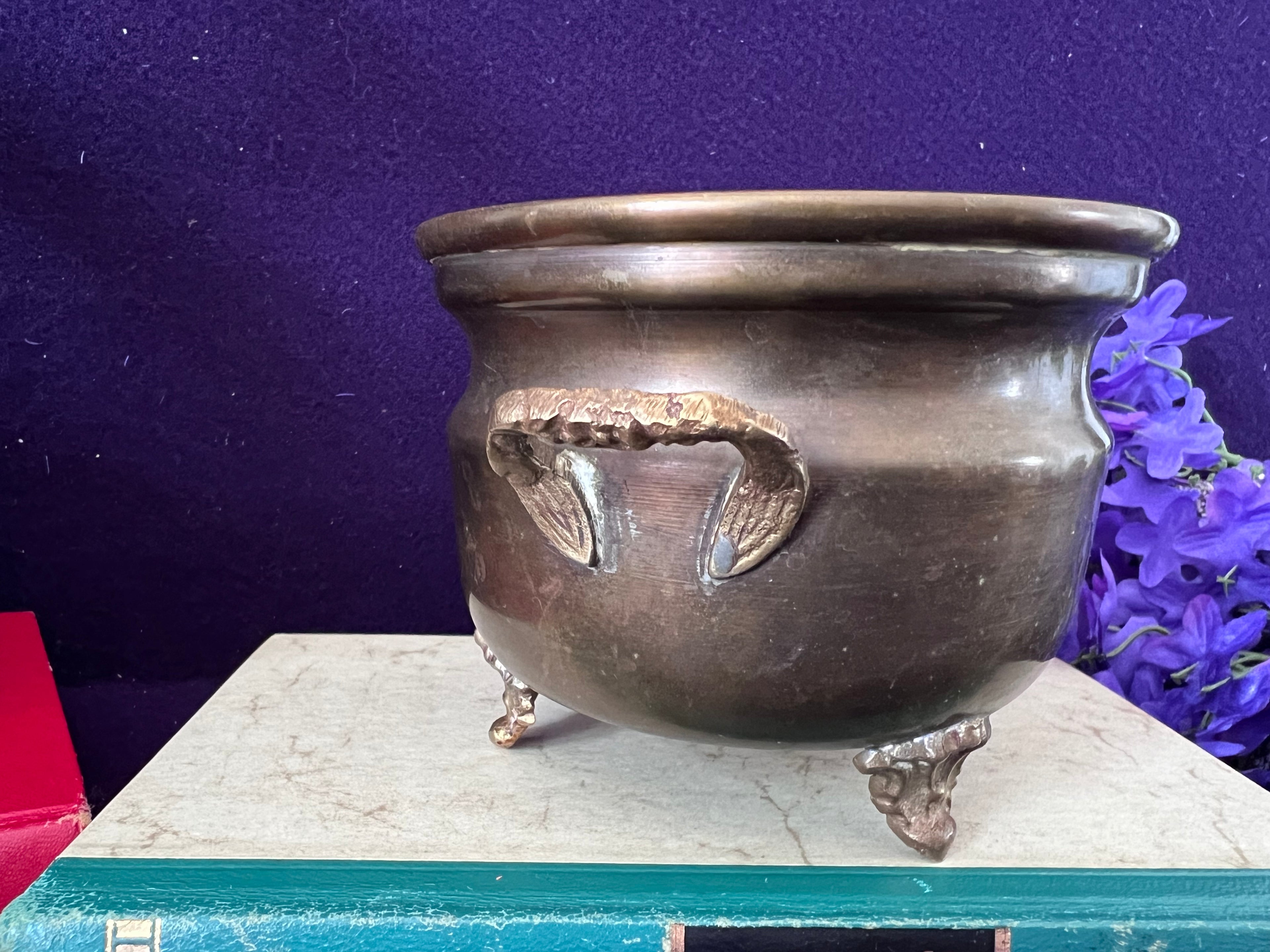 Vintage Footed Brass Cauldron Pot / Small Jardiniere with Ornate Handles