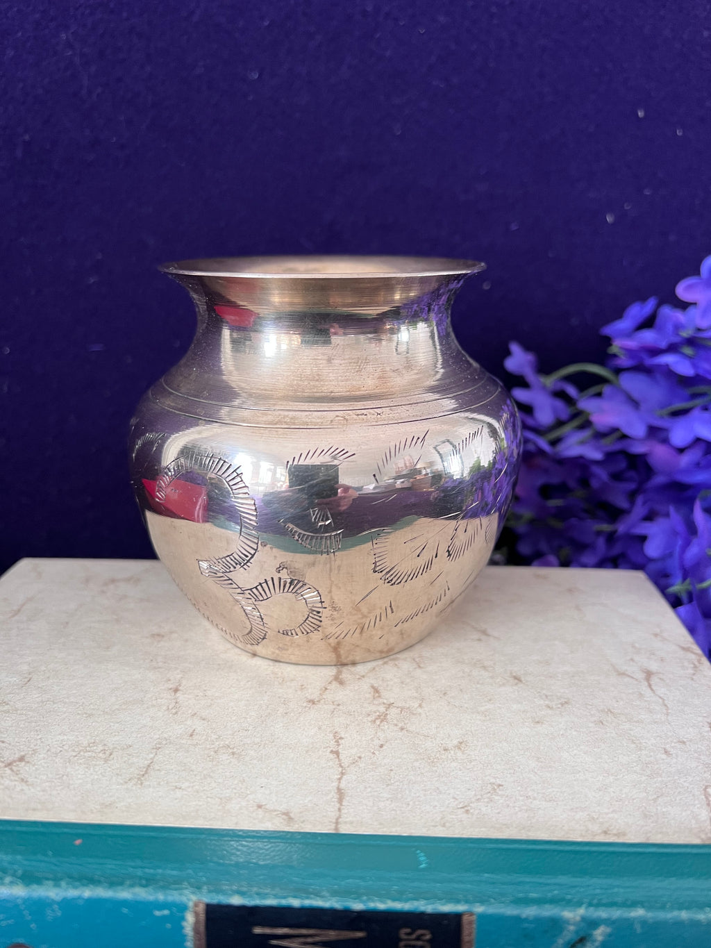 Vintage Hand-Engraved Brass Lota Pot with Sacred Om Symbol, 4" Tall