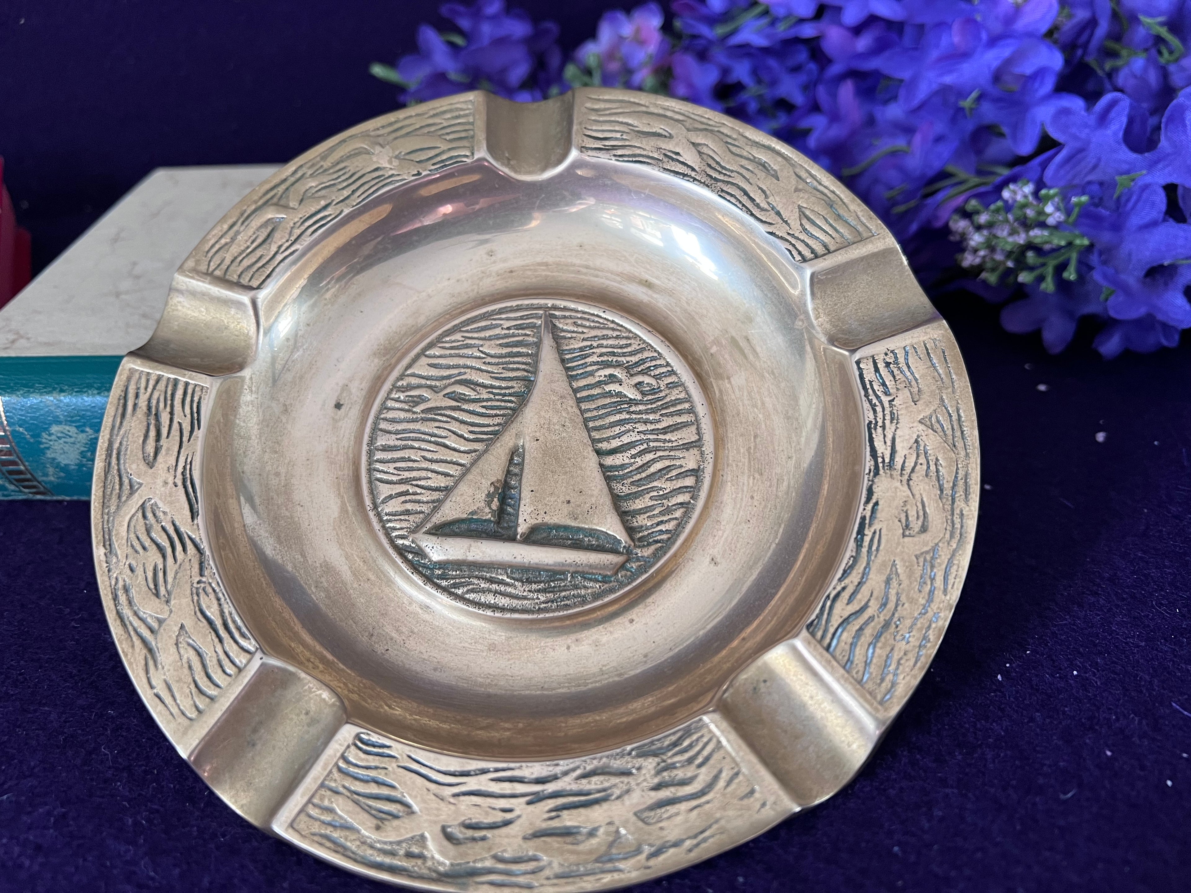 Vintage 8” Solid Brass Sailboat Ashtray – Large Nautical Catchall Tray