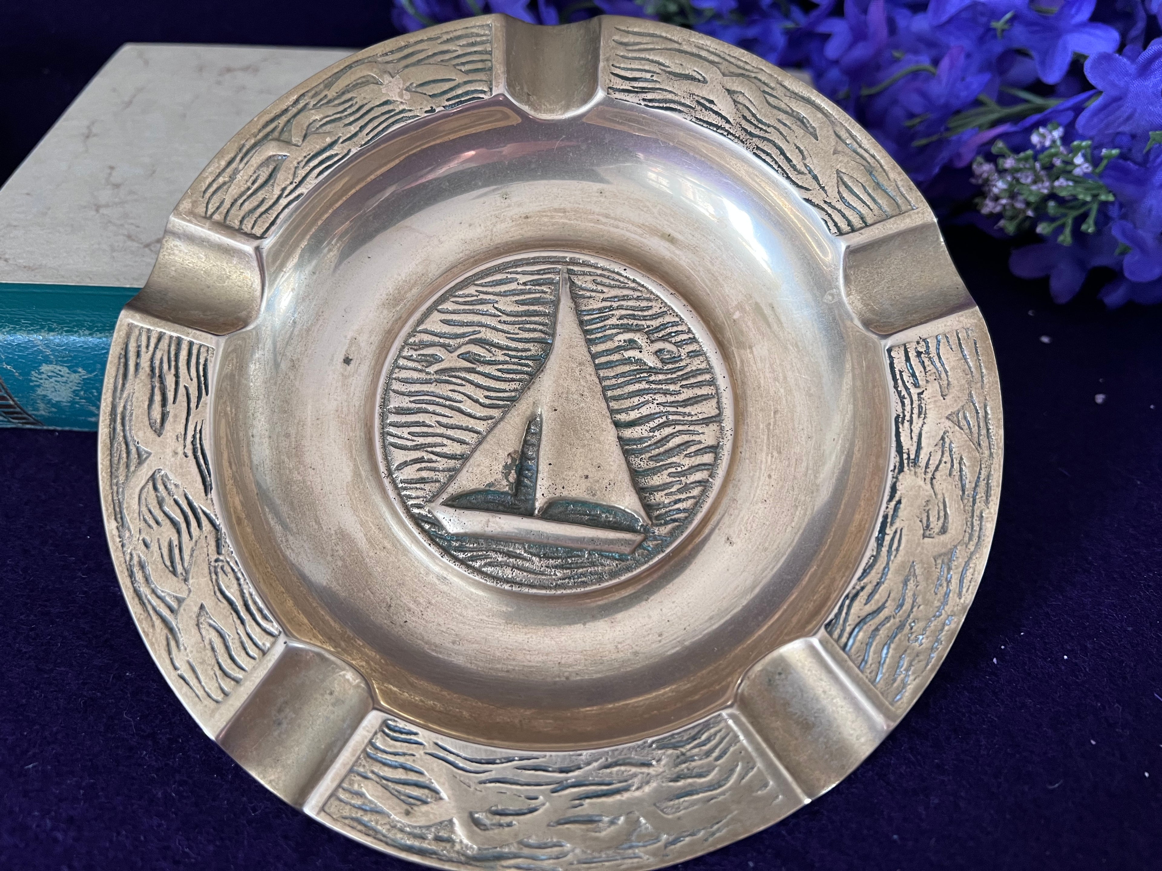 Vintage 8” Solid Brass Sailboat Ashtray – Large Nautical Catchall Tray