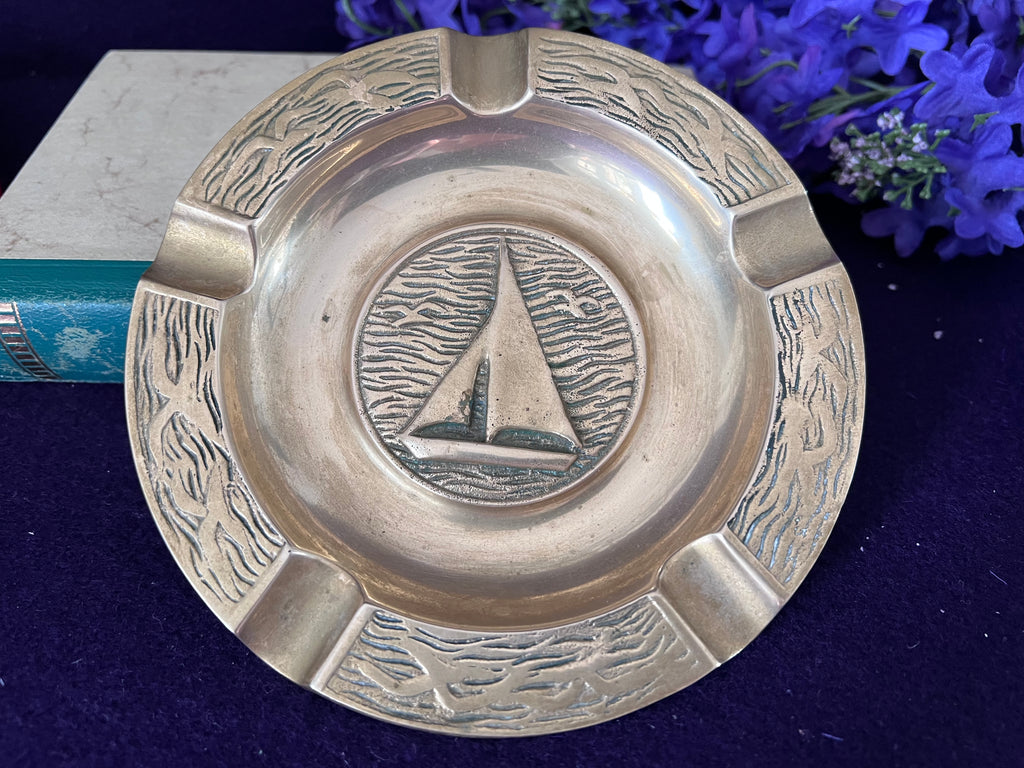 Vintage 8” Solid Brass Sailboat Ashtray – Large Nautical Catchall Tray