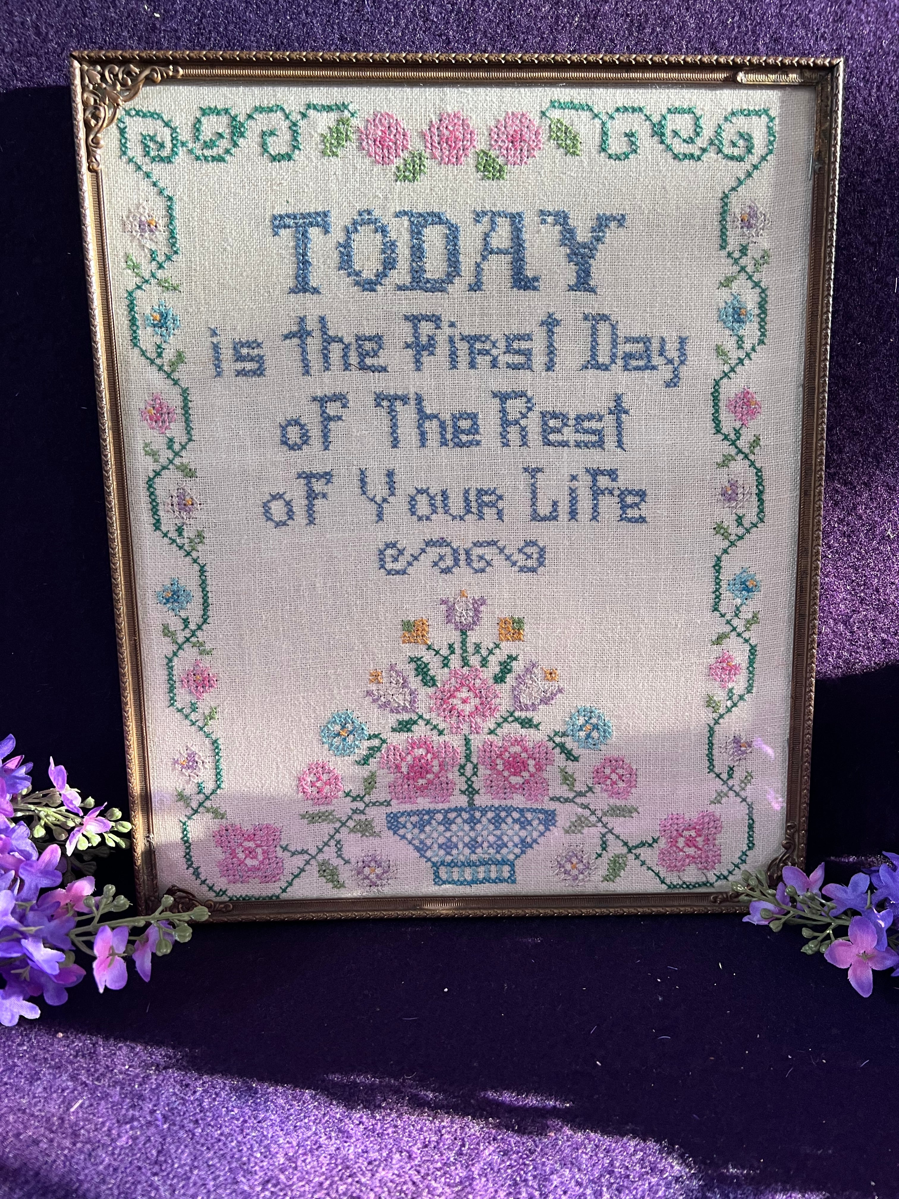 Vintage "Today is the First Day" Floral Cross-Stitch in Ornate Gold Frame – Romantic Grandmillennial Decor