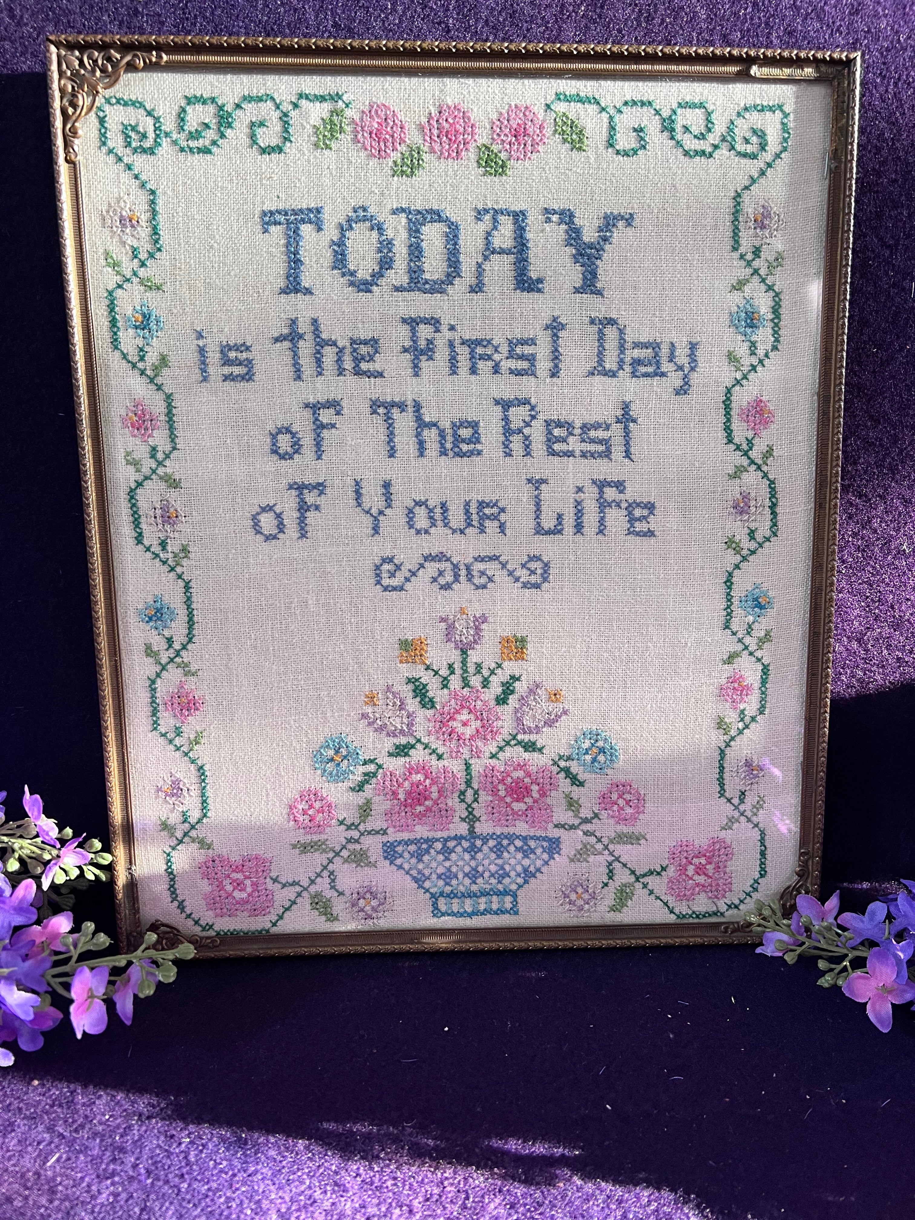 Vintage "Today is the First Day" Floral Cross-Stitch in Ornate Gold Frame – Romantic Grandmillennial Decor