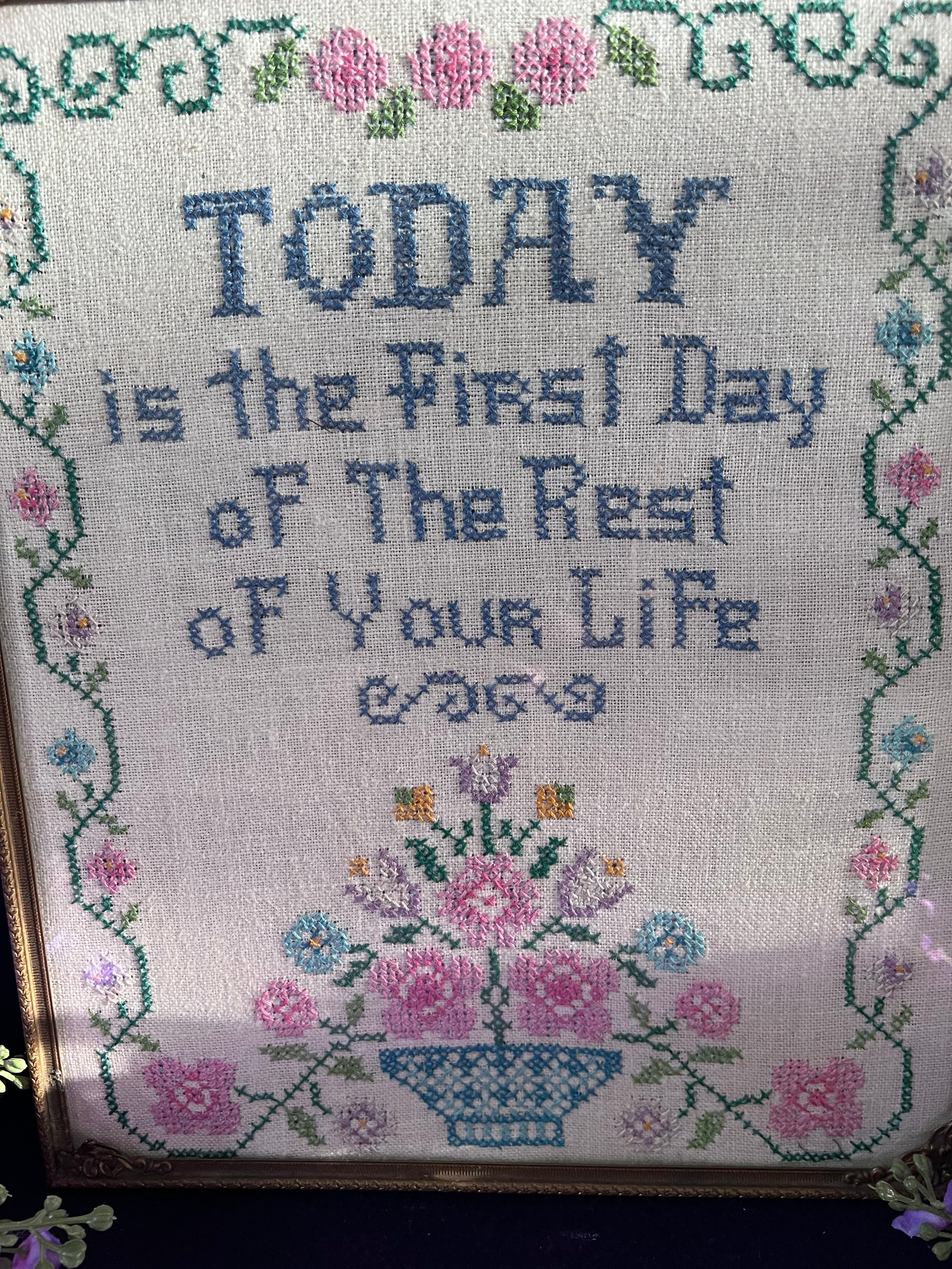 Vintage "Today is the First Day" Floral Cross-Stitch in Ornate Gold Frame – Romantic Grandmillennial Decor