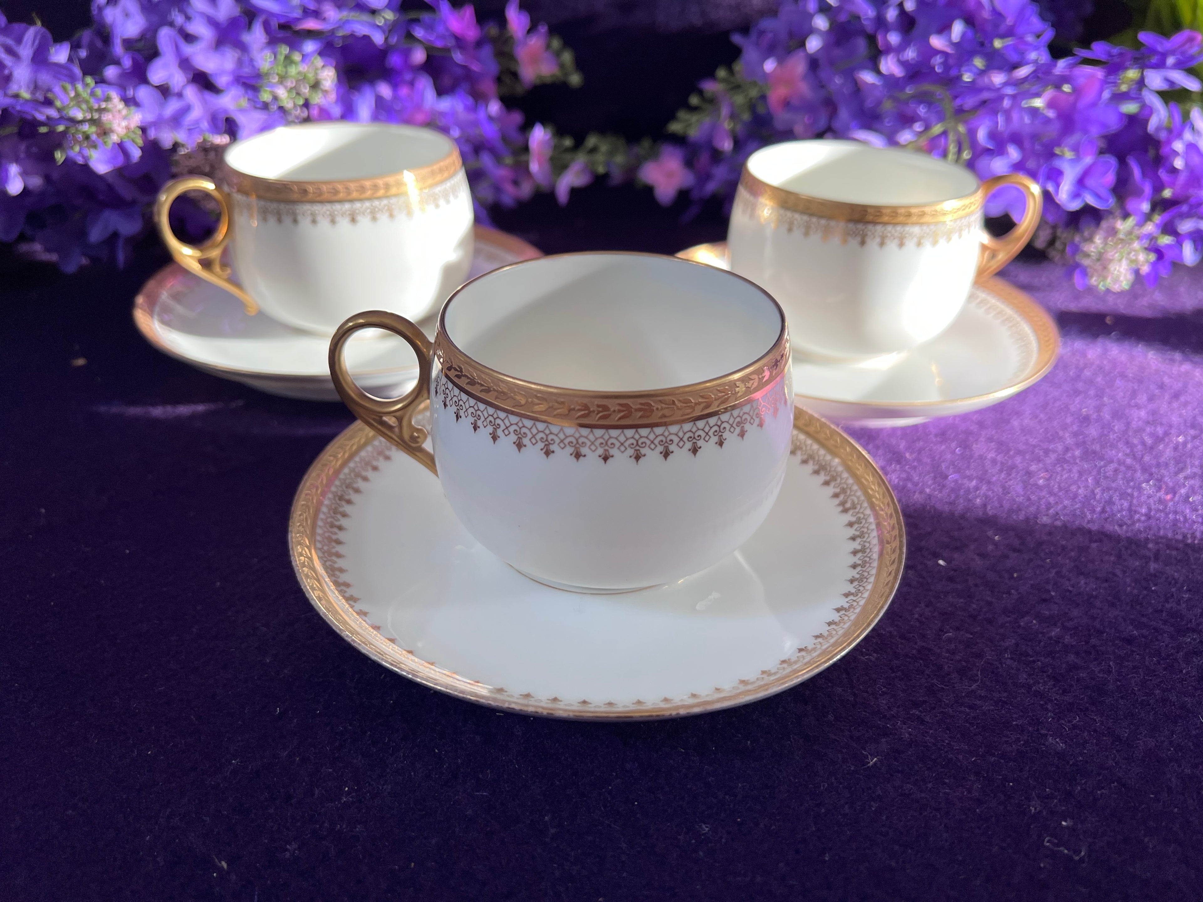 Vintage Limoges Orléans Porcelain Teacup & Saucer Set of 3 | French Gold Gilded Fine China