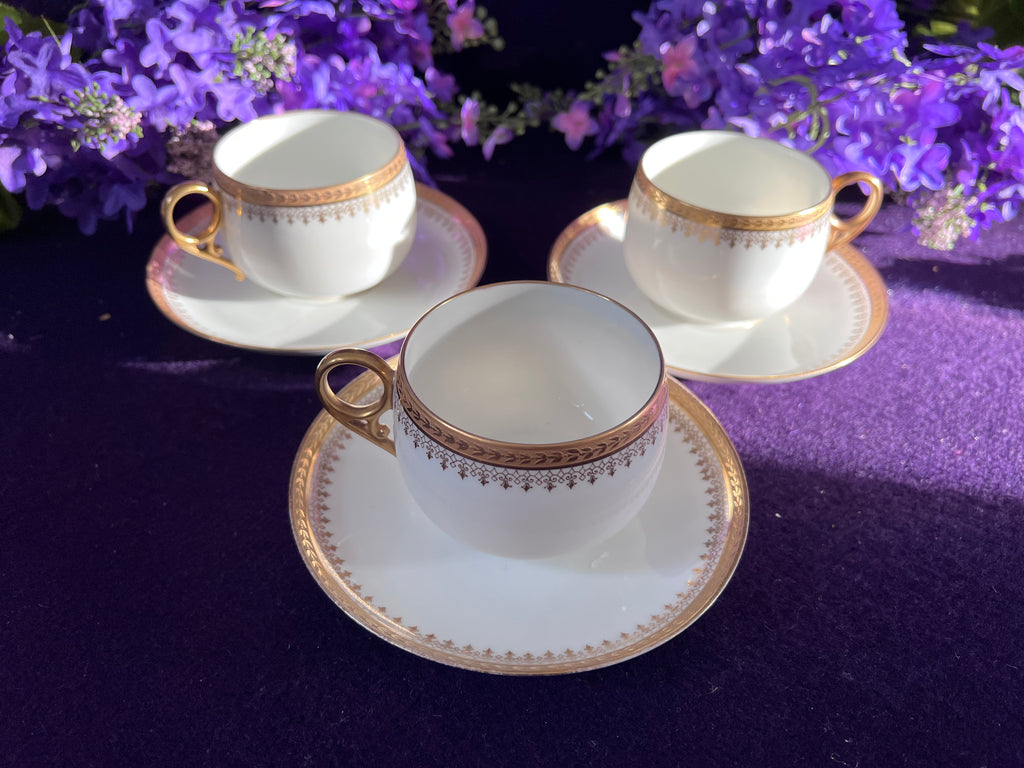 Vintage Limoges Orléans Porcelain Teacup & Saucer Set of 3 | French Gold Gilded Fine China