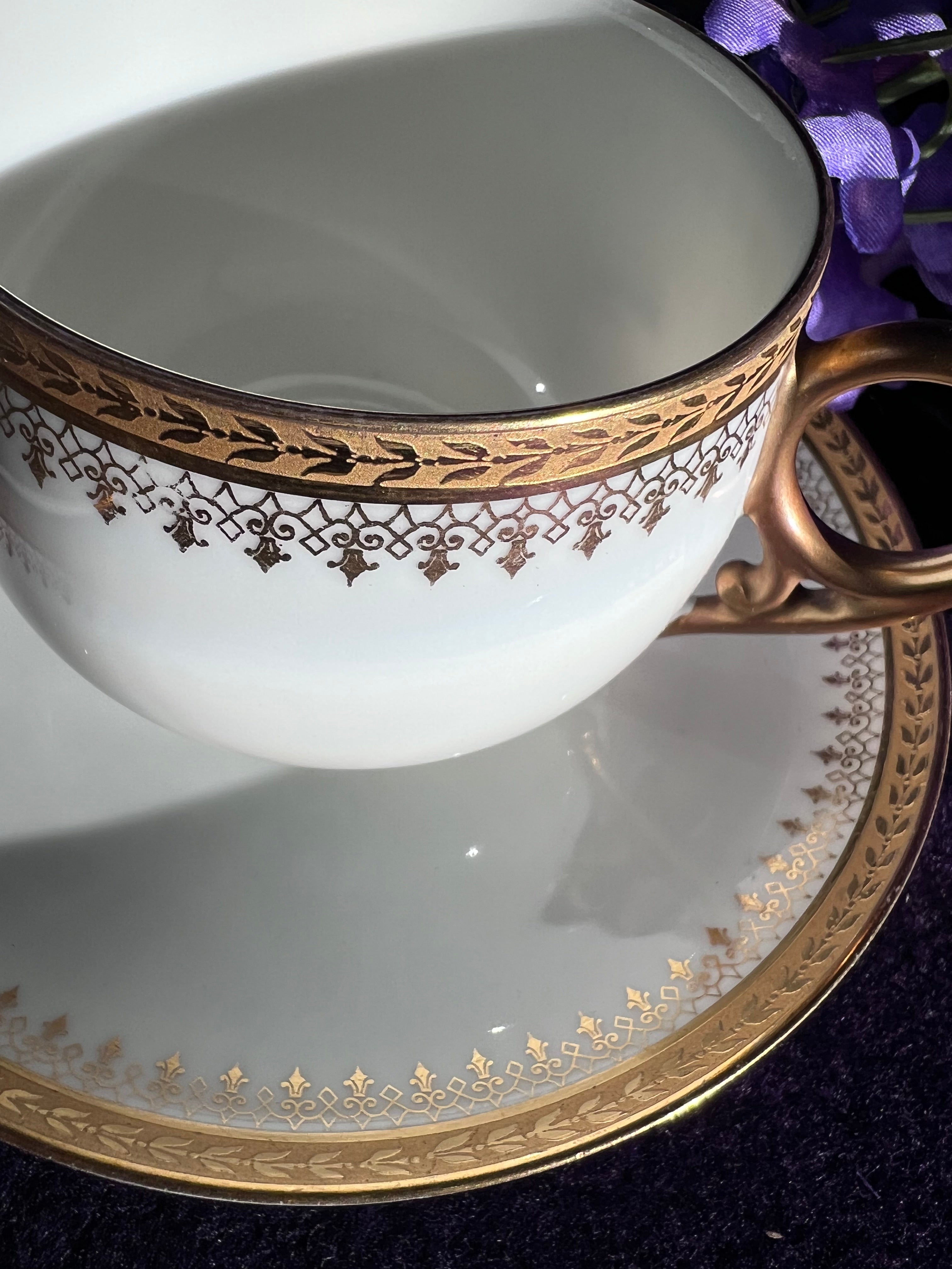 Vintage Limoges Orléans Porcelain Teacup & Saucer Set of 3 | French Gold Gilded Fine China