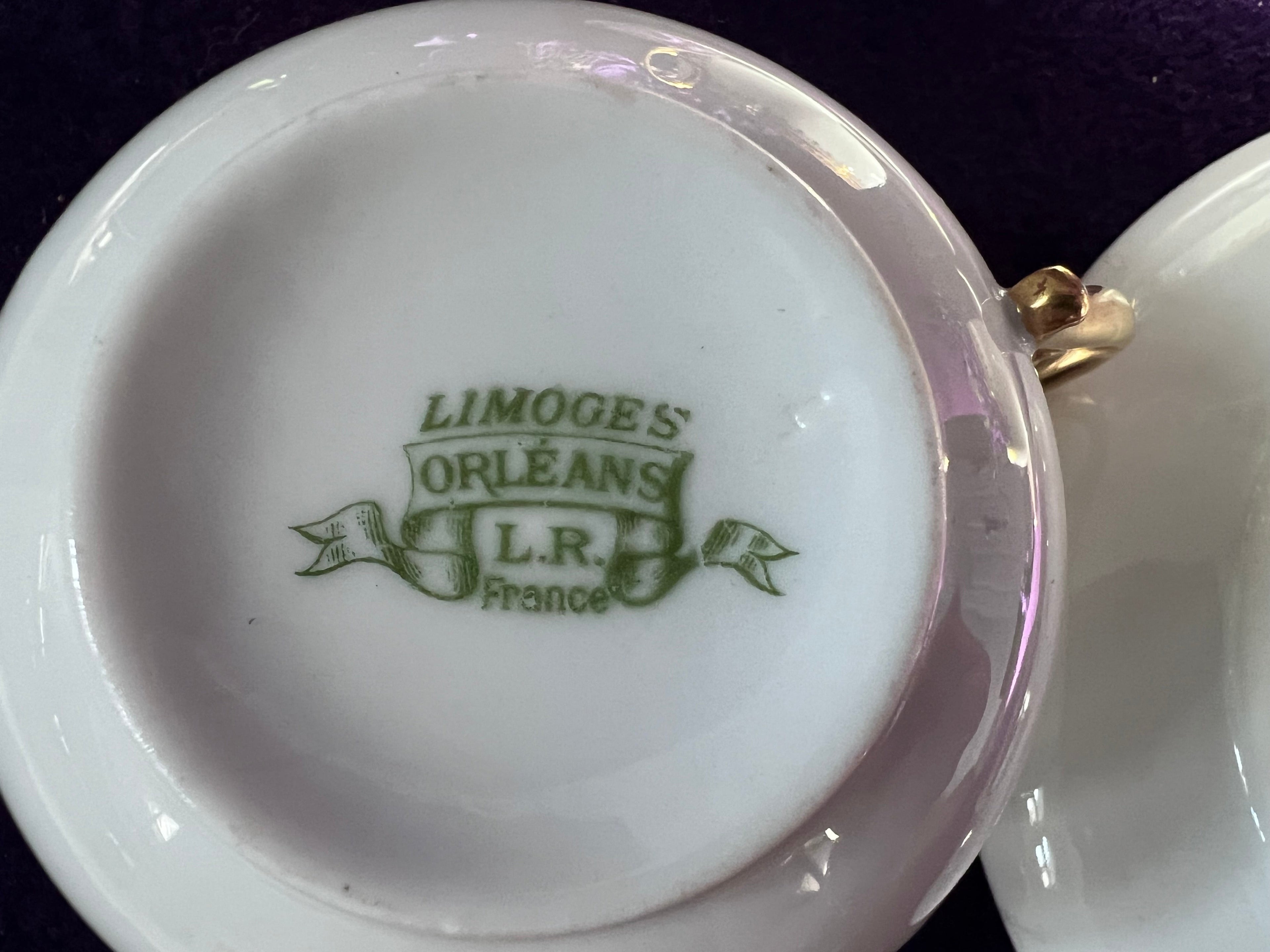 Close-up of a Limoges Orleans L.R. France ceramic product with green text.