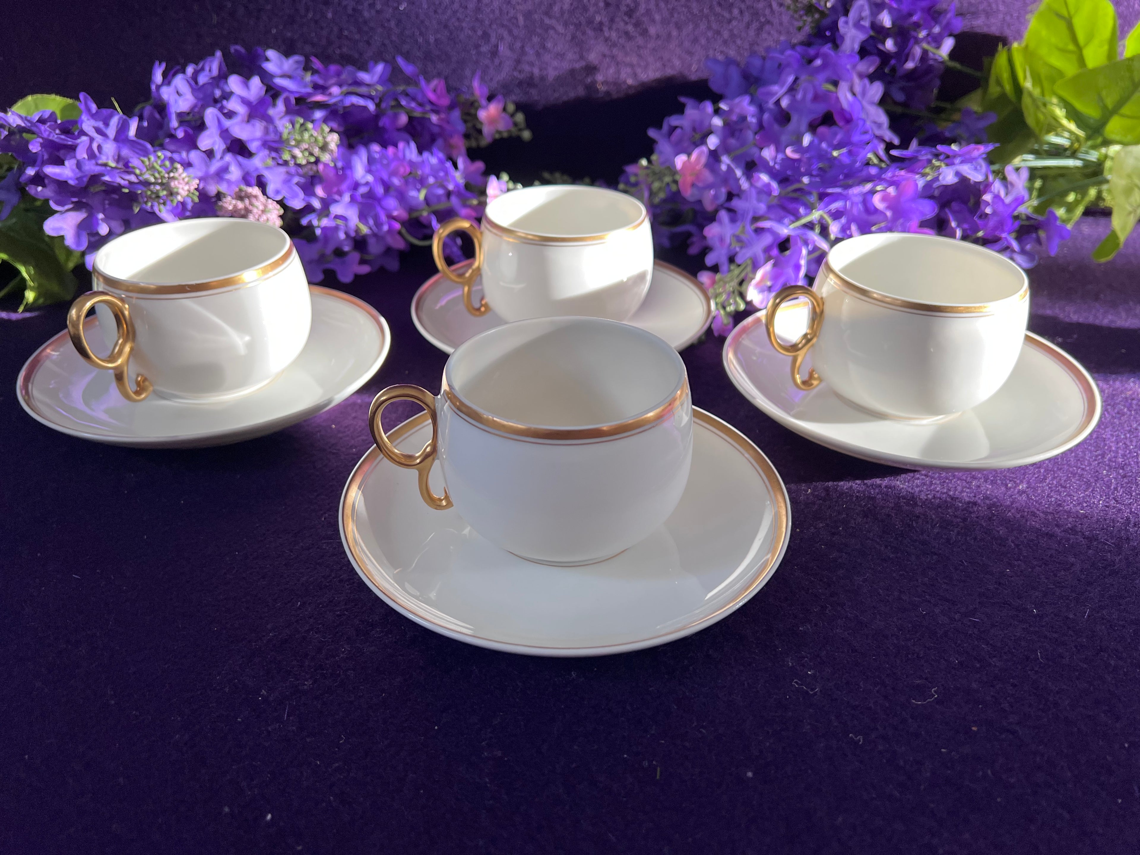 Antique Limoges Elite France Teacups & Saucers Set | Gold Trim Pedestal Porcelain