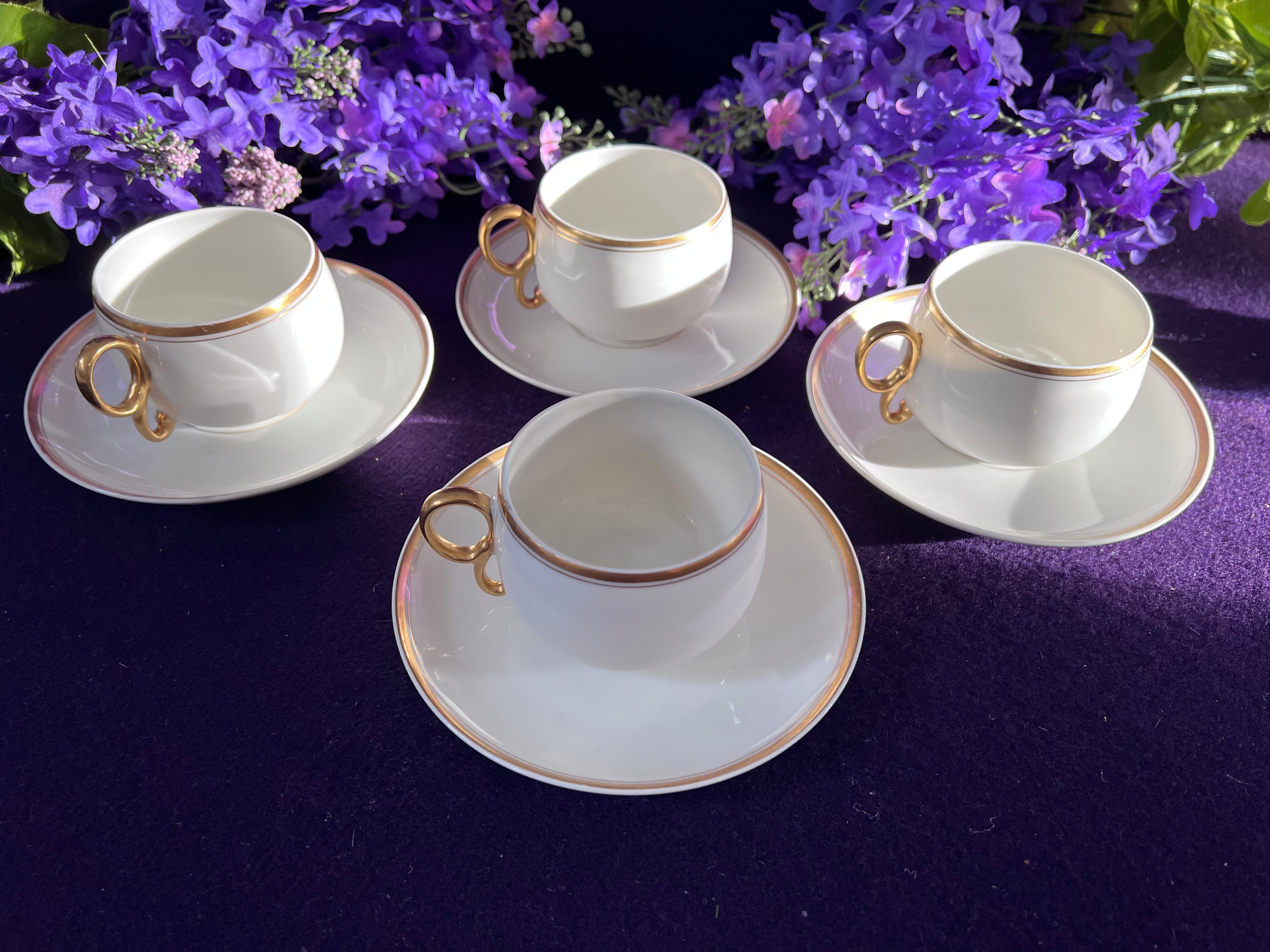 Antique Limoges Elite France Teacups & Saucers Set | Gold Trim Pedestal Porcelain