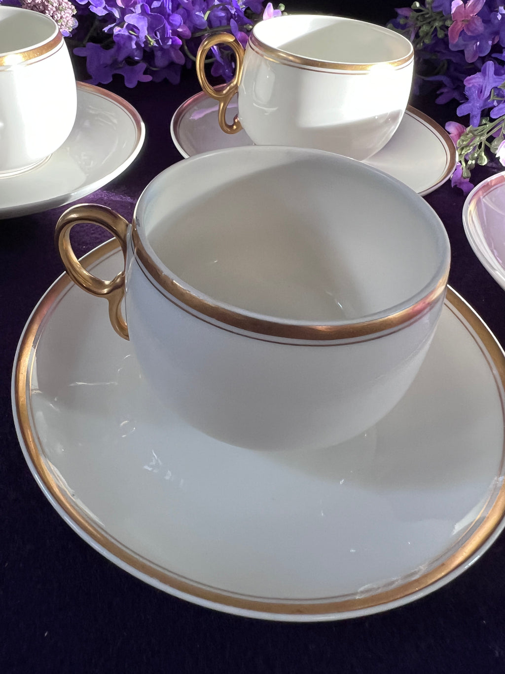 Antique Limoges Elite France Teacups & Saucers Set | Gold Trim Pedestal Porcelain