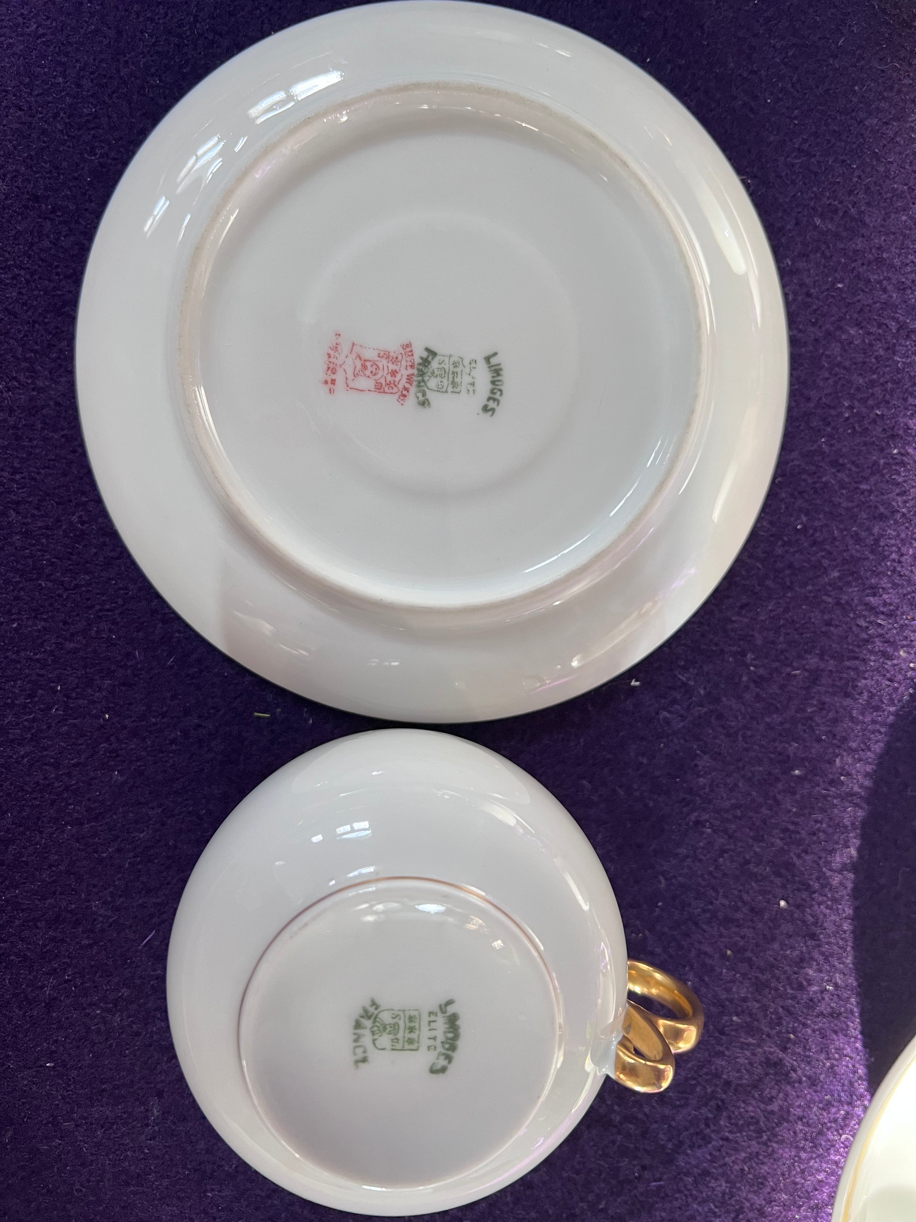 Antique Limoges Elite France Teacups & Saucers Set | Gold Trim Pedestal Porcelain
