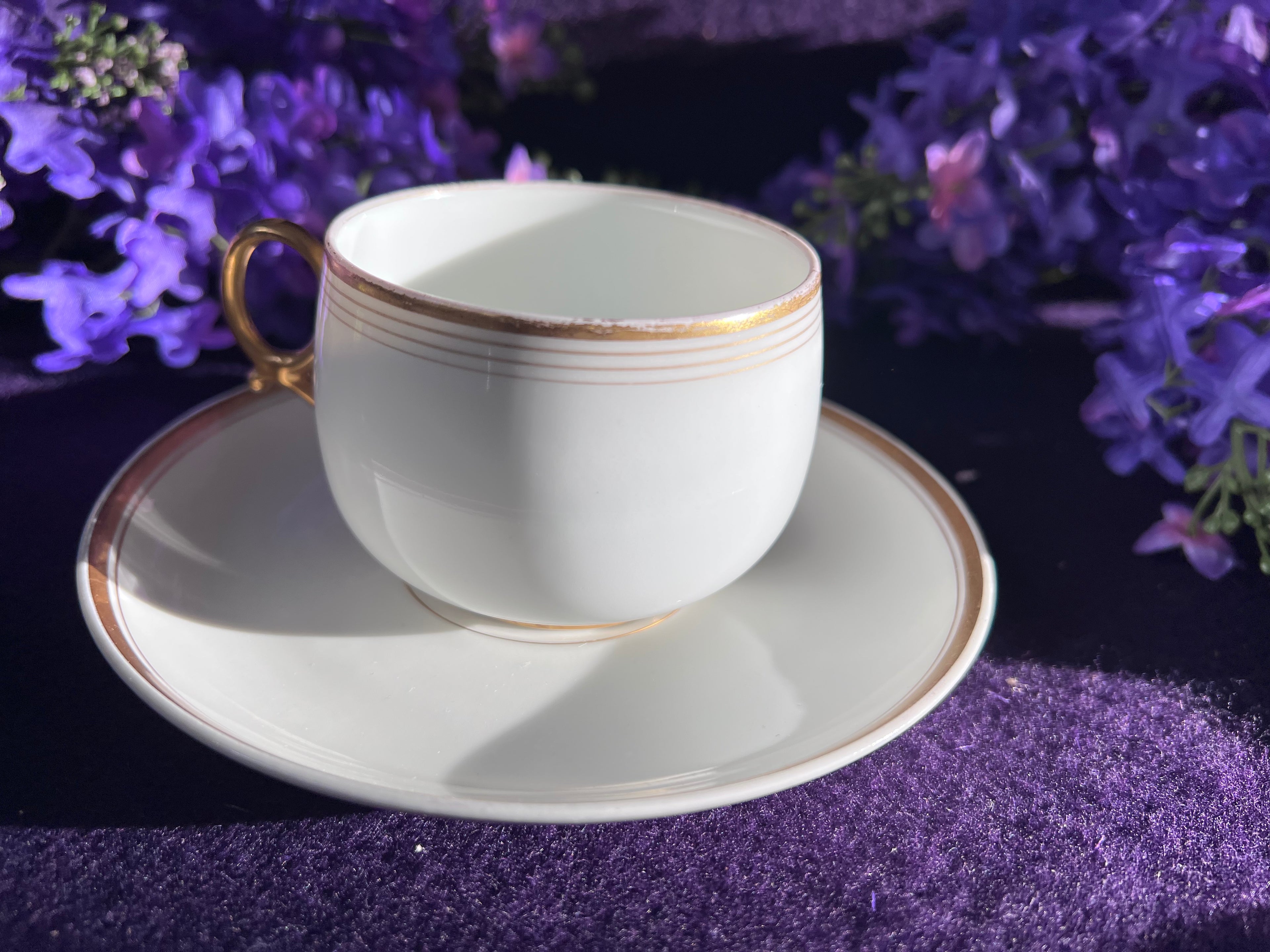 Vintage Limoges France Porcelain Tea Cup and Saucer Set + Extra Saucer - Elegant Gold Band Trim
