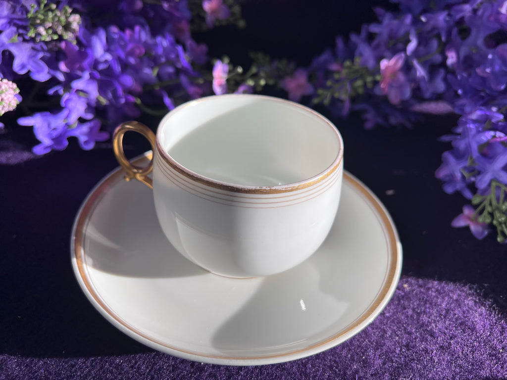 Vintage Limoges France Porcelain Tea Cup and Saucer Set + Extra Saucer - Elegant Gold Band Trim