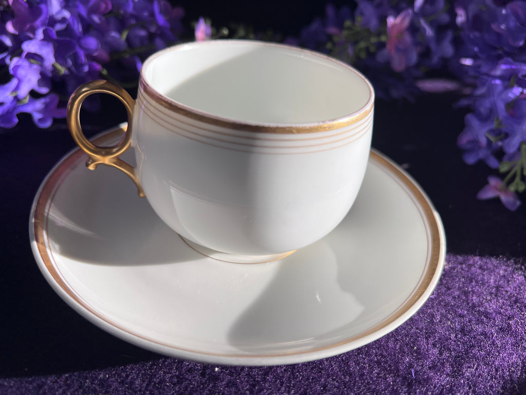 Vintage Limoges France Porcelain Tea Cup and Saucer Set + Extra Saucer - Elegant Gold Band Trim